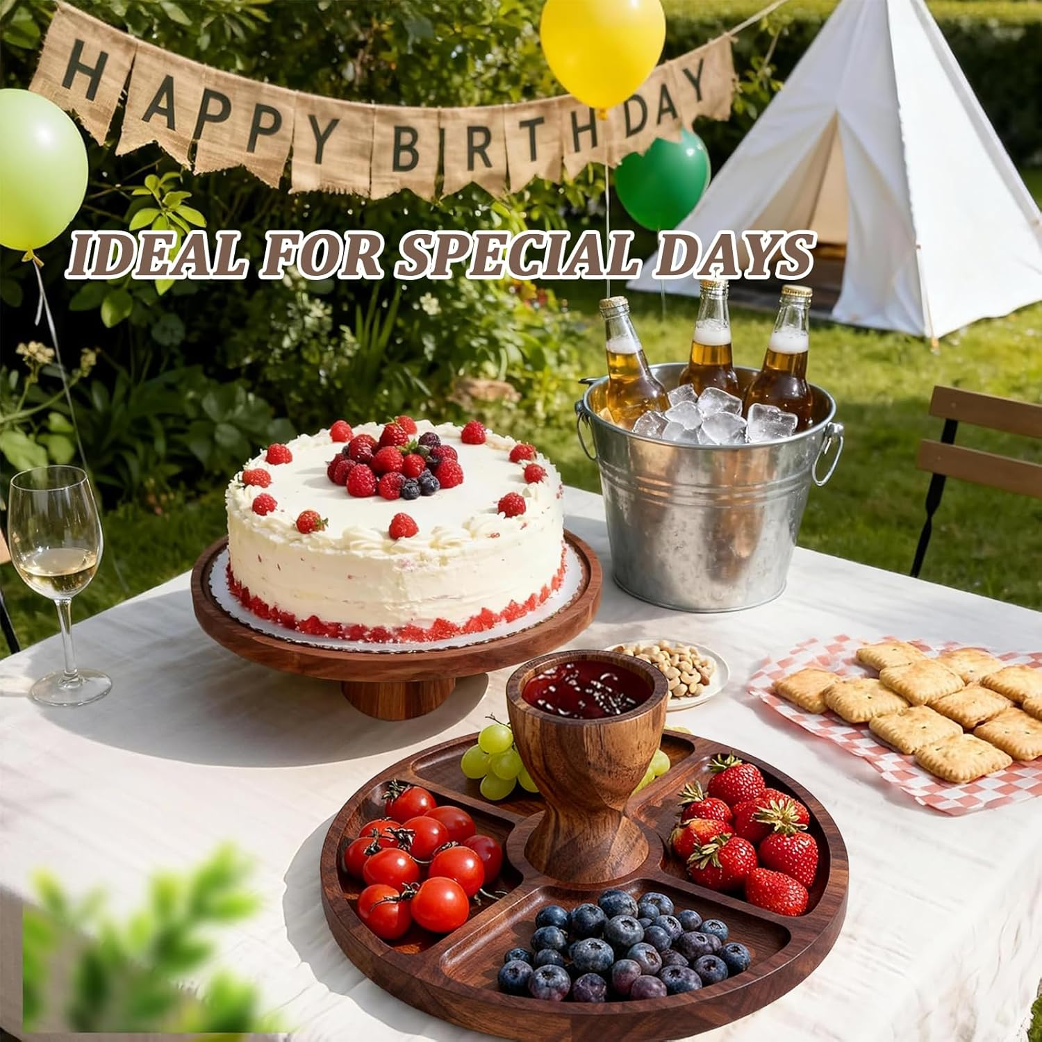 Cake Stand with Dome Lid, Acacia Wood Cake Plate with Footed, 2 in 1 Wooden Cake Display Stand for Wedding, Kitchen, Birthday, Parties, Baking image number 5