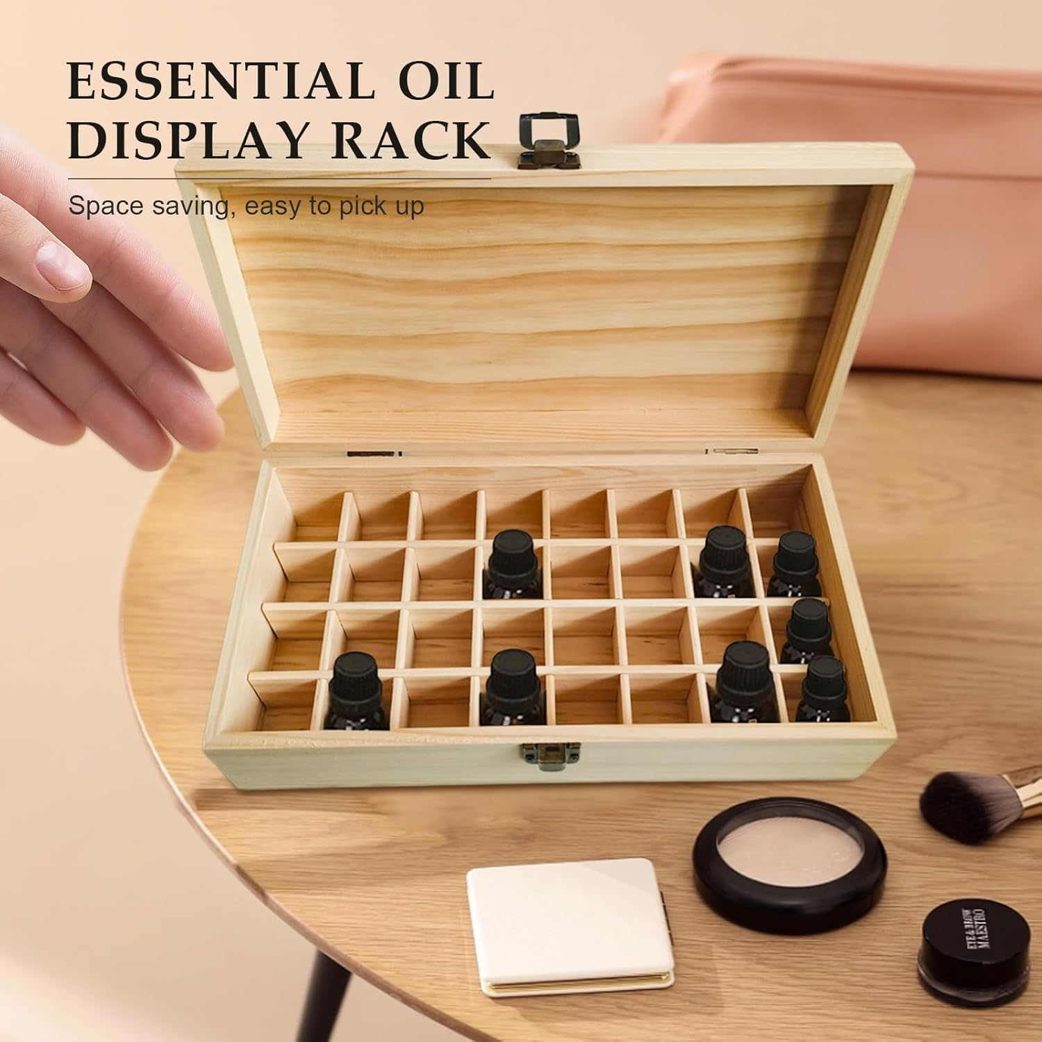 Pure Vie Wooden Essential Oil Storage Box Travel Organizer Case with Bottle Cap Label - Aromatherapy Nail Polish Fragrance Container, Holds 32 Bottle for 5-15Ml - Keep Scented Oil Safe & Space Saver image number 1