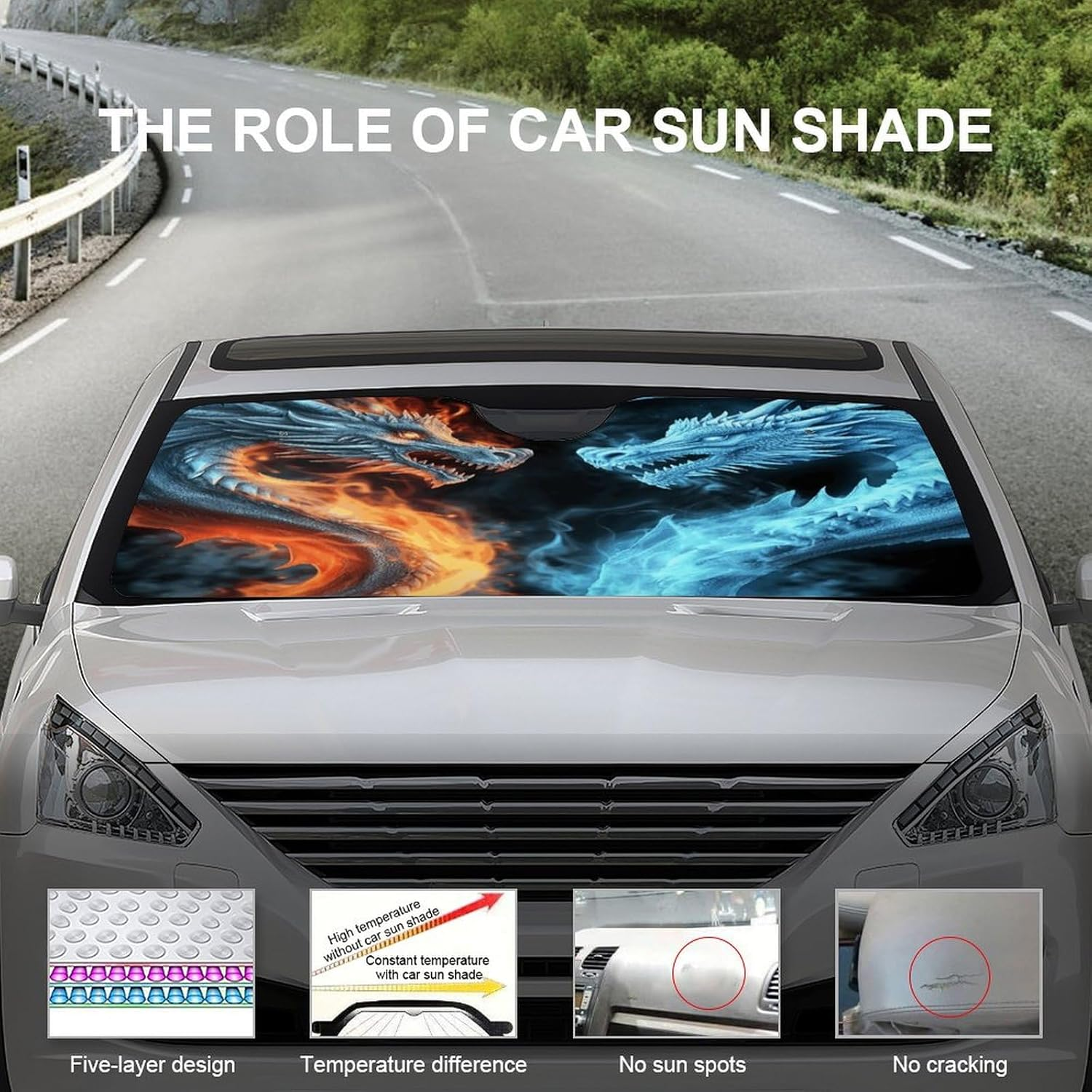 Car Windshield Sunshade, Ice and Fire Dragons Print Car Sun Guard Foldable Windshield Sunshade Car Sunshield for Sedans, Suvs, and Trucks image number 3