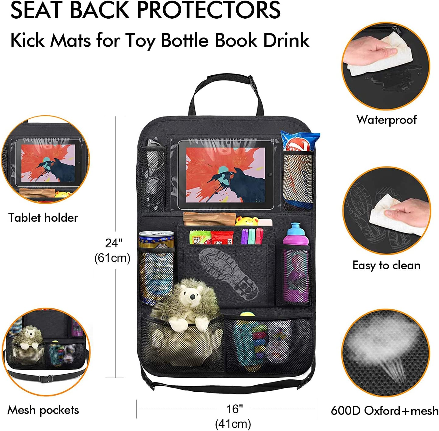 Beauty Nymph Backseat Car Organizer Kick Mats Back Seat Storage Bag with Ipad Touch Screen Tablet Holder and 9 Storage Pockets for for Toys Drinks Book (2 Pack) image number 4