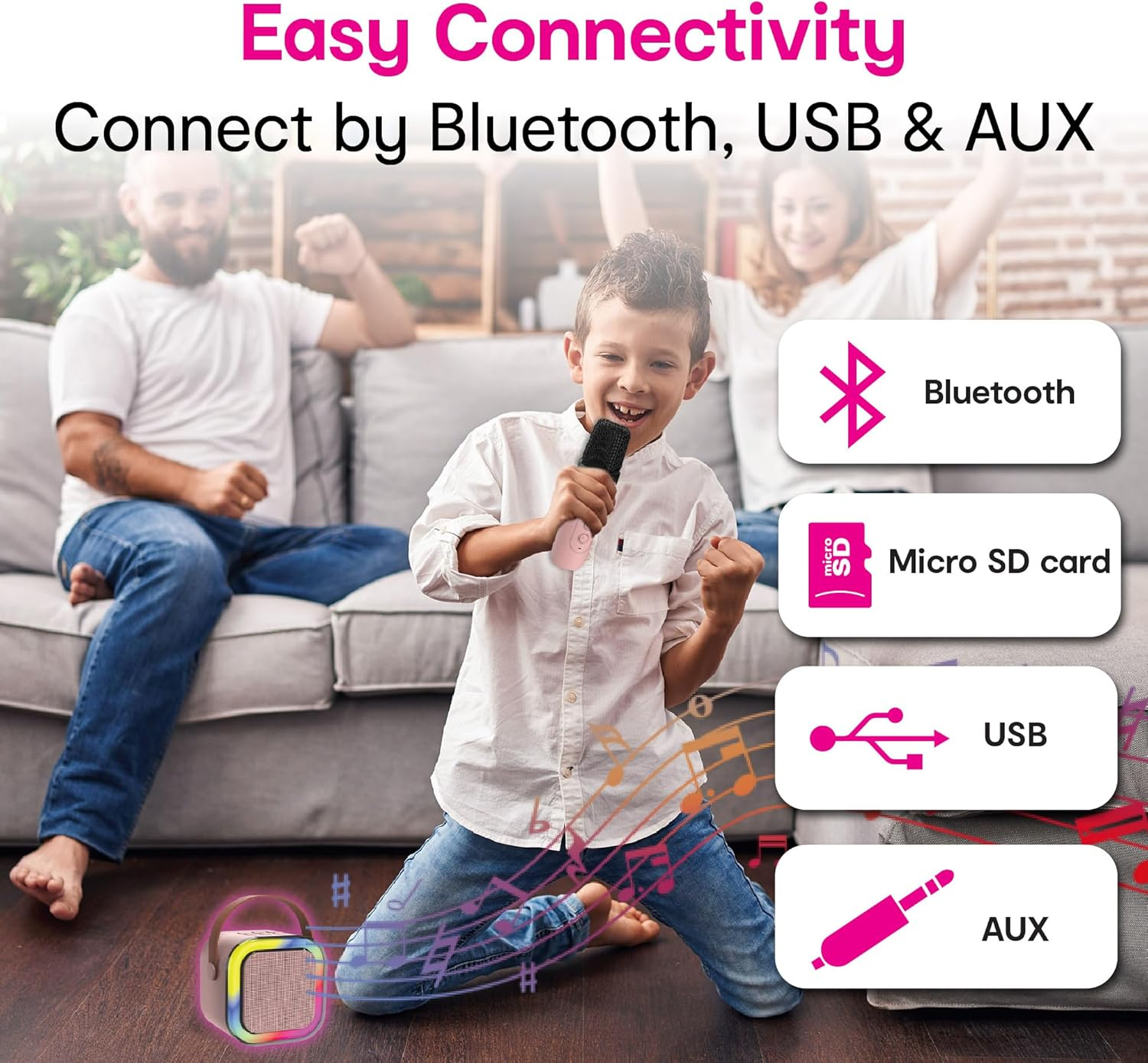 Laser Pink Karaoke Machine with 2 Wireless Microphones, LED Light Show, 4 Voice Effects, Bluetooth Speaker, MP3 Player, Rechargeable Battery &ndash; Great for Kids, Adults, Parties & Events image number 2