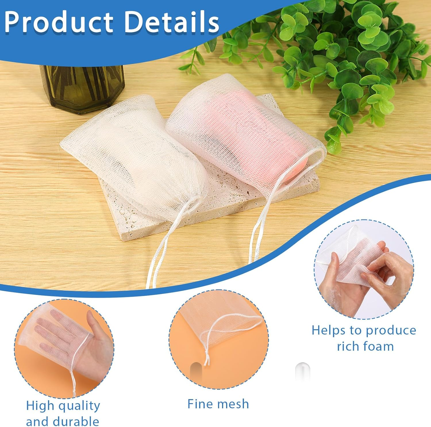 Mozeat Lens 8 PCS Exfoliating Mesh Soap Saver Pouch Bag Mesh Soaps Bag Handmade Soaps Bubble Mes H Net Bags with Drawstring Foaming Net Sack Bags for Bath & Shower image number 2
