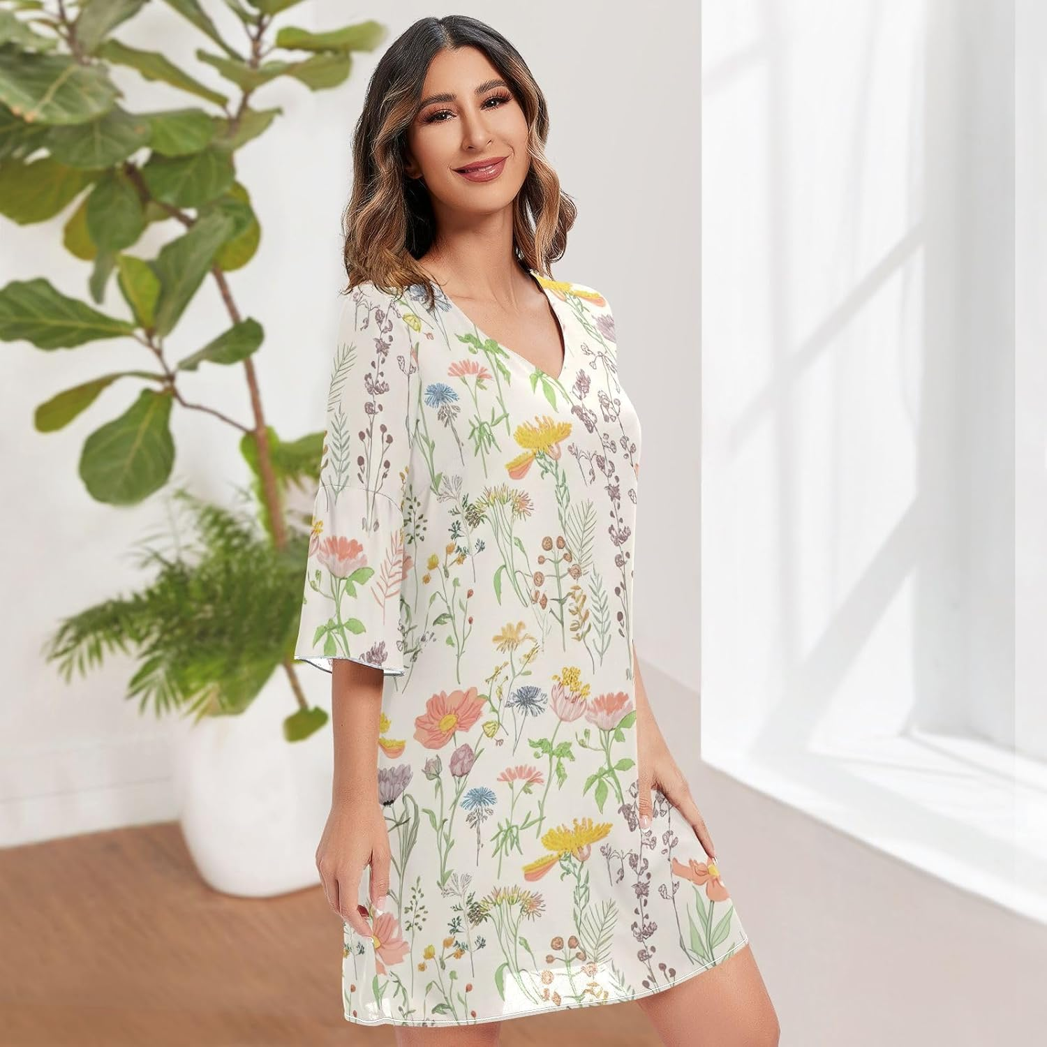 Wildflowers Meadow Plants Short Chiffon Dress Printed Line Maternity Dress S-XXL image number 2