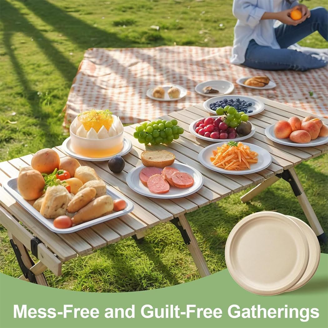 Idopick Compostable Paper Plates 9 Inch, 50 Pack Biodegradable Sugarcane Bagasse Disposable Heavy-Duty Plates, Eco-Friendly Unbleached Brown for Party, Wedding image number 2