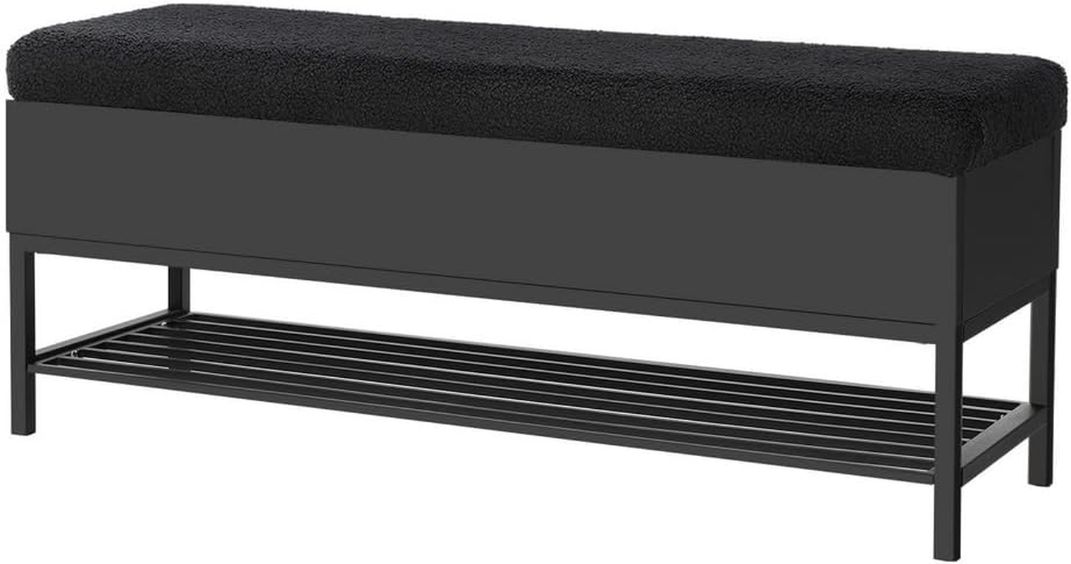 Artiss Upholstered Storage Ottoman, Ottoman Bench Foot Rest Stool Blanket Box Chest Footstool with Open Shelf Bedroom Living Room Indoor, 110Cm Length Boucle Seat Black image number 2