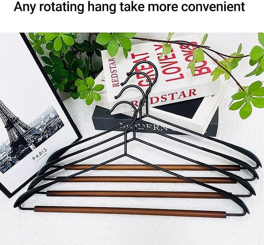AIMALL 6Pcs Nordic Style Seamless Clothes Hangers 16.9X8.3In Black Iron-Wood Non-Slip Beech Wooden Hanger Set for Closet Coat Shirt Pants Heavy Duty Hanging Storage image number 5