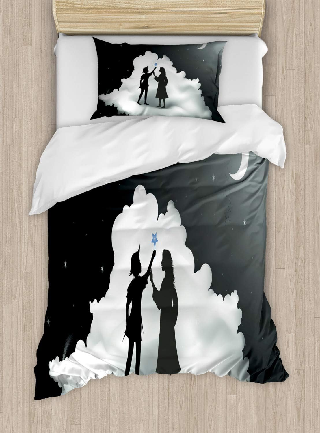 Lunarable Neverland Duvet Cover Set, Peter Pan Story Pan and Wendy Standing on Clouds Moon Night Dream, Decorative 2 Piece Bedding Set with 1 Pillow Sham, Twin Size, White Grey image number 1