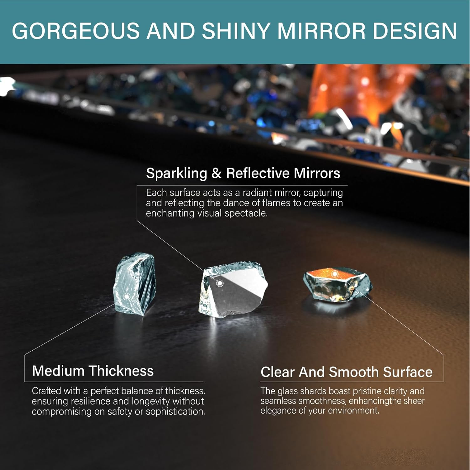 NUPICK 5 Pound Fire Glass, 1/4 Inch Reflective Fire Pit Glass, Tempered Firepit Glass Rock for Propane or Natural Gas, Glass Rocks for Fire Pit Table, Fireplace Glass for Landscaping, Aqua Blue image number 3