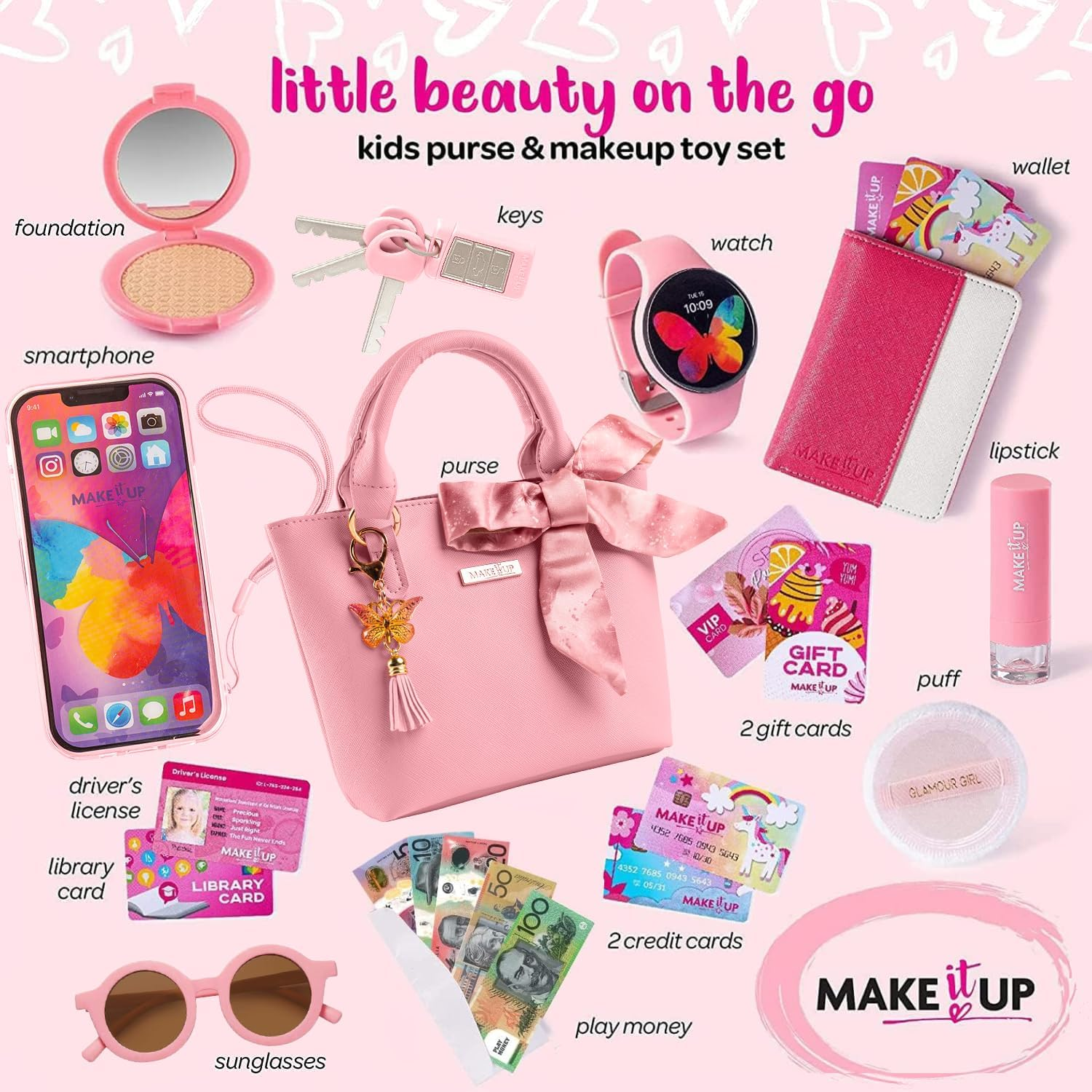 Pretend Play Kids Purse and Makeup Toy with Princess Pretend Makeup Smartphone Wallet Keys Credit and VIP Cards (Australian) image number 1