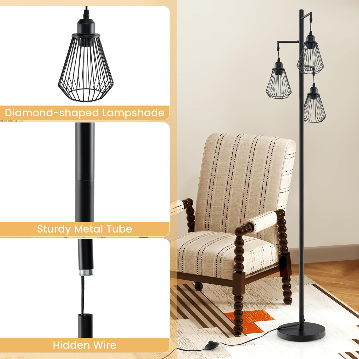 Costway Industrial Tree Floor Lamp, Farmhouse & Industrial Style, Black Metal, 3 Diamond-Shaped Birdcage Lampshades, Foot Switch, Stable Base & Non-Slip Strips, Energy Efficient LED, 27W, 168Cm Tall image number 1
