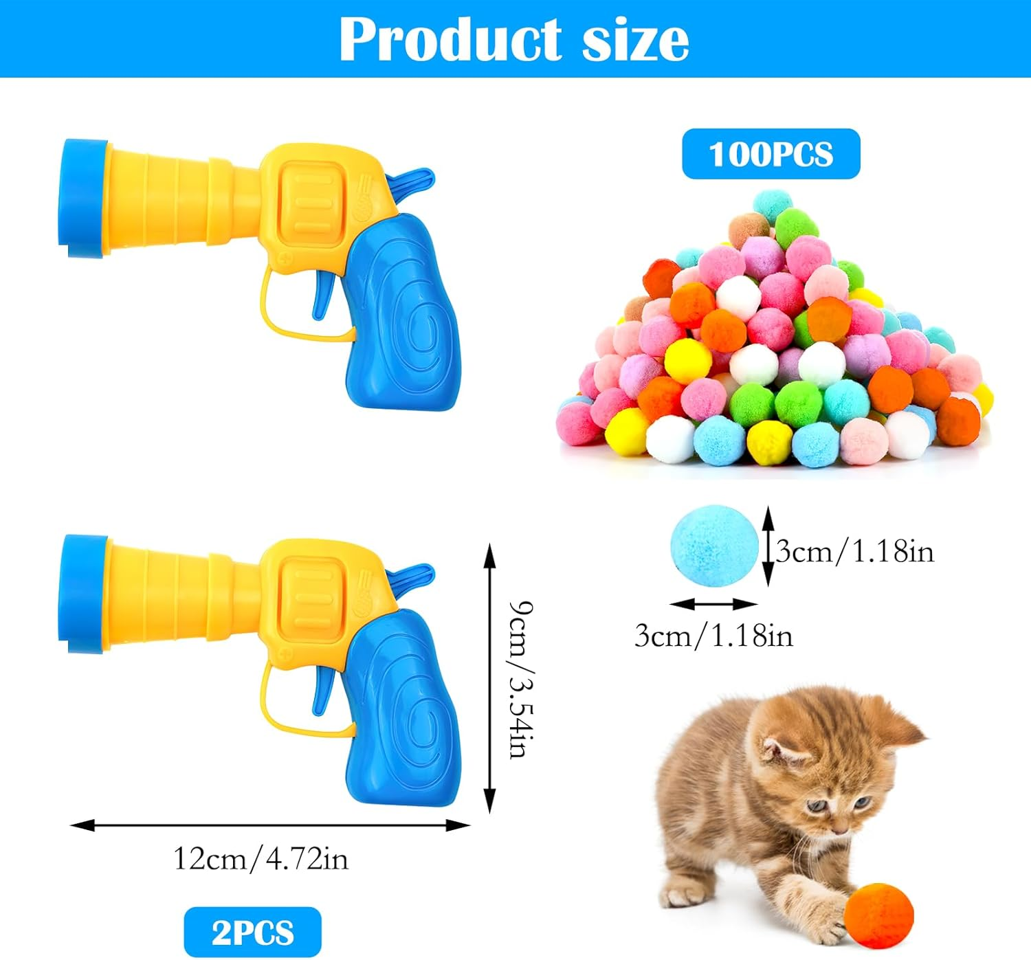 DAWRIS Pack of 2 Cat Toy Ball Gun with 100 Pieces Cat Felt Balls Soft Cat Balls Kitten Pom Poms Ball Interactive Cat Toy Interactive Toy for Cats Training Cats Ball image number 4