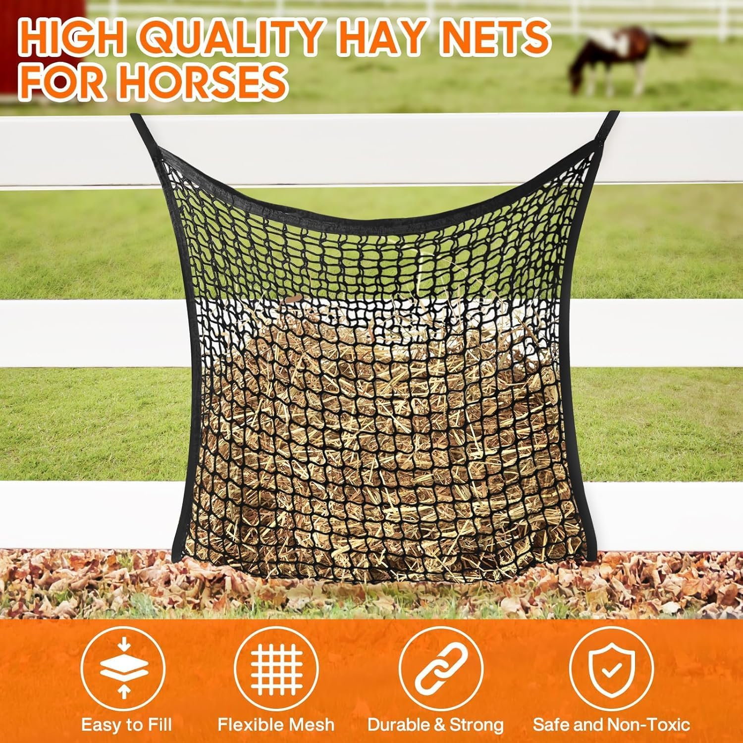 Hay Nets for Horses，2 Pieces of Knotless Slow Feeding Hay Nets with 4 Horse Hook Clips, Large Capacity Open Top Hanging Hay Bags for Horses(Black, 2PC) image number 1