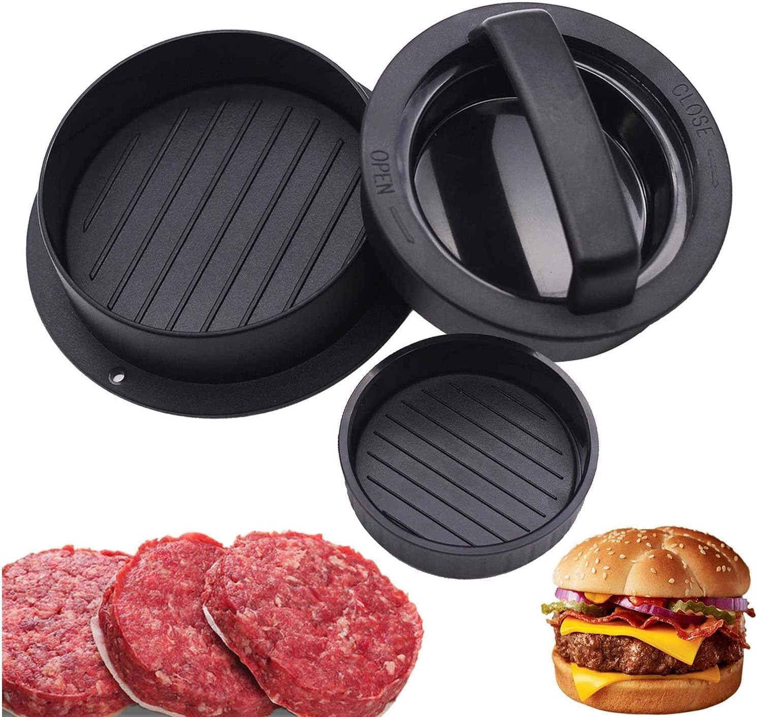 Burger Press 3 in 1 Non Stick Kitchen Barbecue Tool - Black Plastic round Patty Maker image number 1