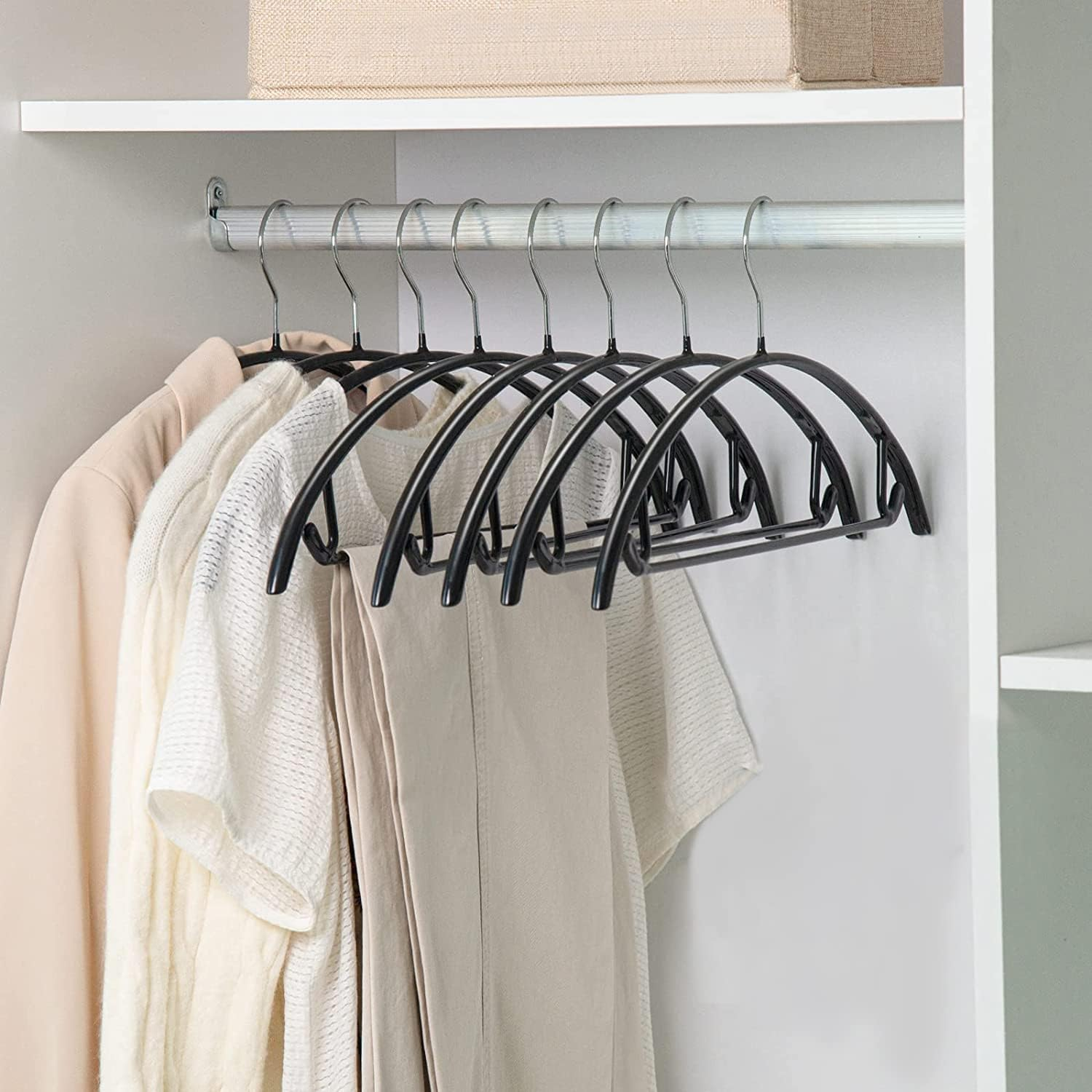 Coat Hangers 30-Pack No Bump Rounded Clothes Hanger, Metal with Soft Non-Slip PVC Coating - Black No-Soulder Bumps (Bump Free) Strong Arc Hangers for Dress, Jacket, Jumper, Suit, Pants Heavy Clothing