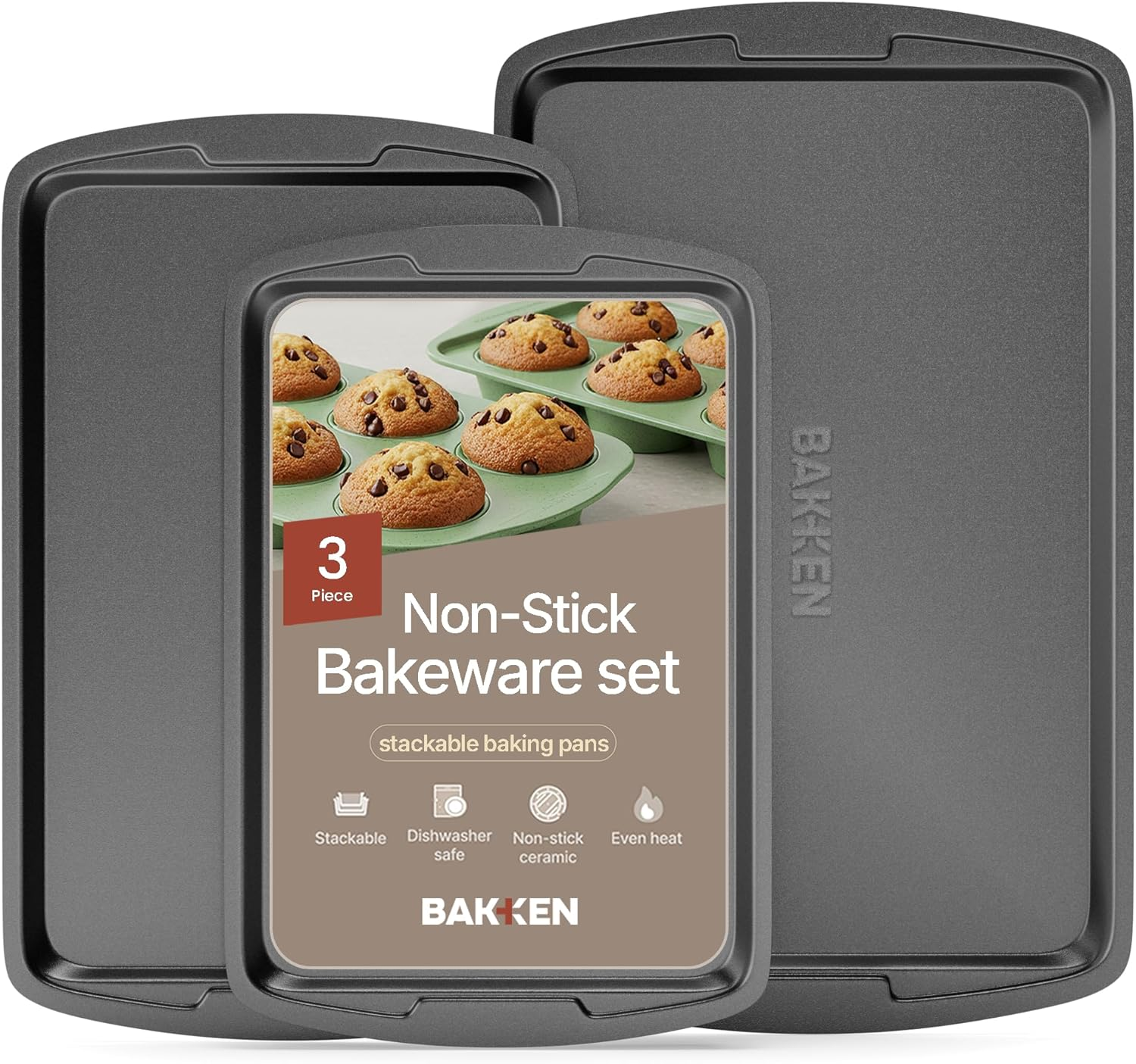Green 10-Piece Bakeware Sets, Nonstick Carbon Steel Baking Sheet & Pans, Stackable Space-Saving Bakeware, Dishwasher Safe, Stain-Resistant, PFOAPFOSPTFE Free, Oven Safe up to 450&deg;F (230&deg;C)