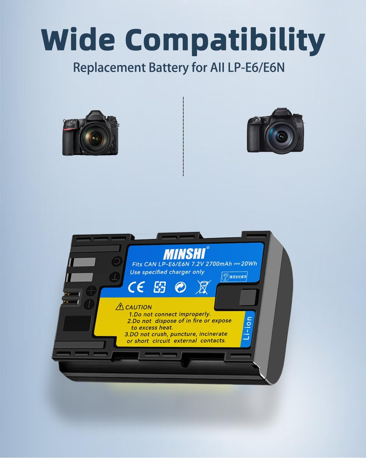 MINSHI LP-E6 Replacement Battery Compatible with Canon EOS 7D,EOS R5, EOS R6, EOS R7, EOS R, EOS Ra, EOS 5D Mark II【7.2V 2700Mah】 High Performance Compatible Camera Battery 2023KA
