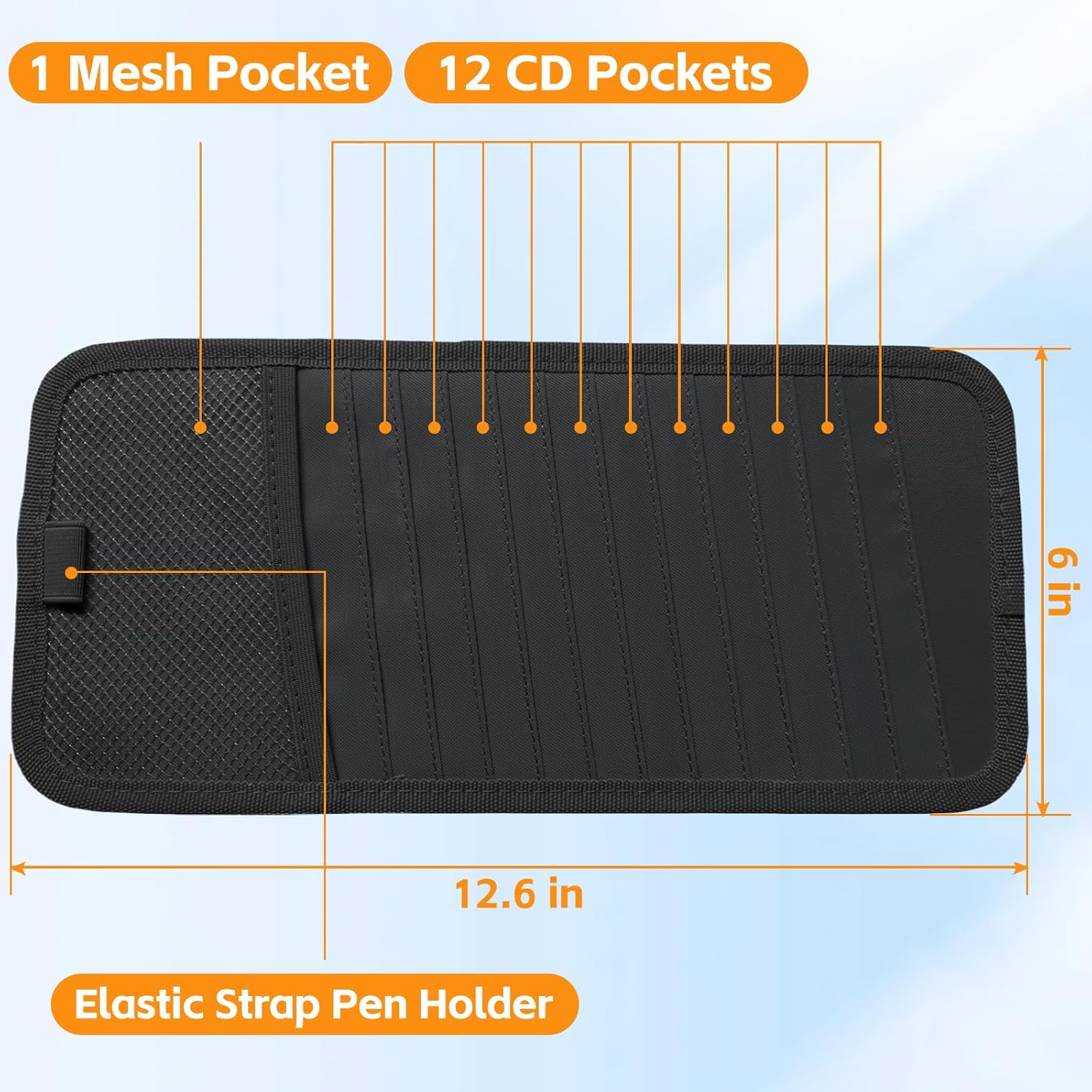 CD Visor Holder for Car, 12 DVD Case, Vehicle Sun Visor CD Storage Organizer 1 Mesh Pocket 1 Pen Holder and Elastic Strap