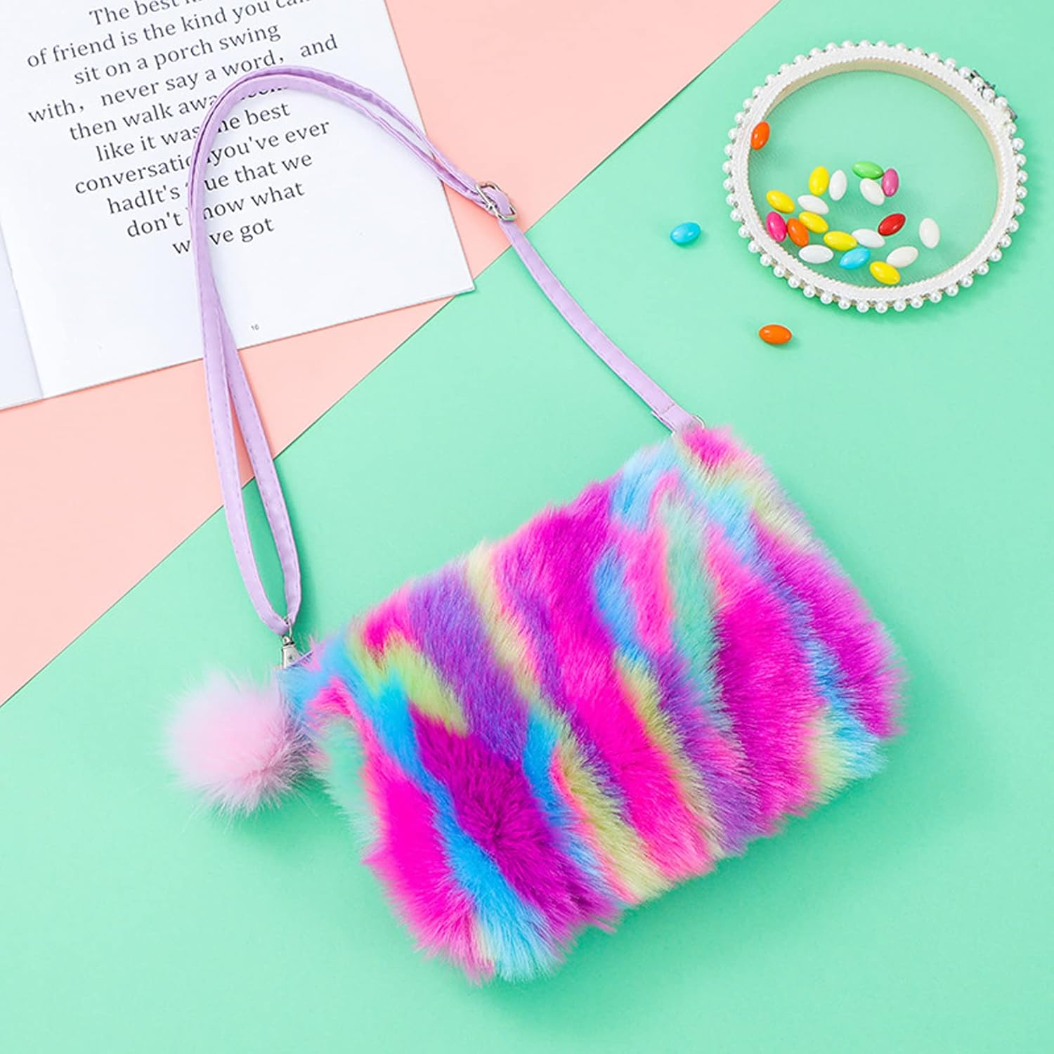 Kids Girls Fluffy Crossbody Purse Fuzzy Bag Plush Tie Dye Rainbow Shoulder Bag Handbag Wallet image number 2