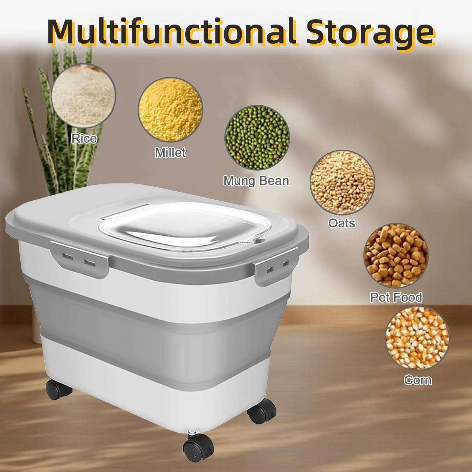 CHIEFAWAY 20L Collapsible Dog Food Container with Casters and Scoop, Food Storage Container Make Dry Food Fresh, Airtight Pet Dog Cat Dry Food Storage Bin Dispenser, Easy to Move