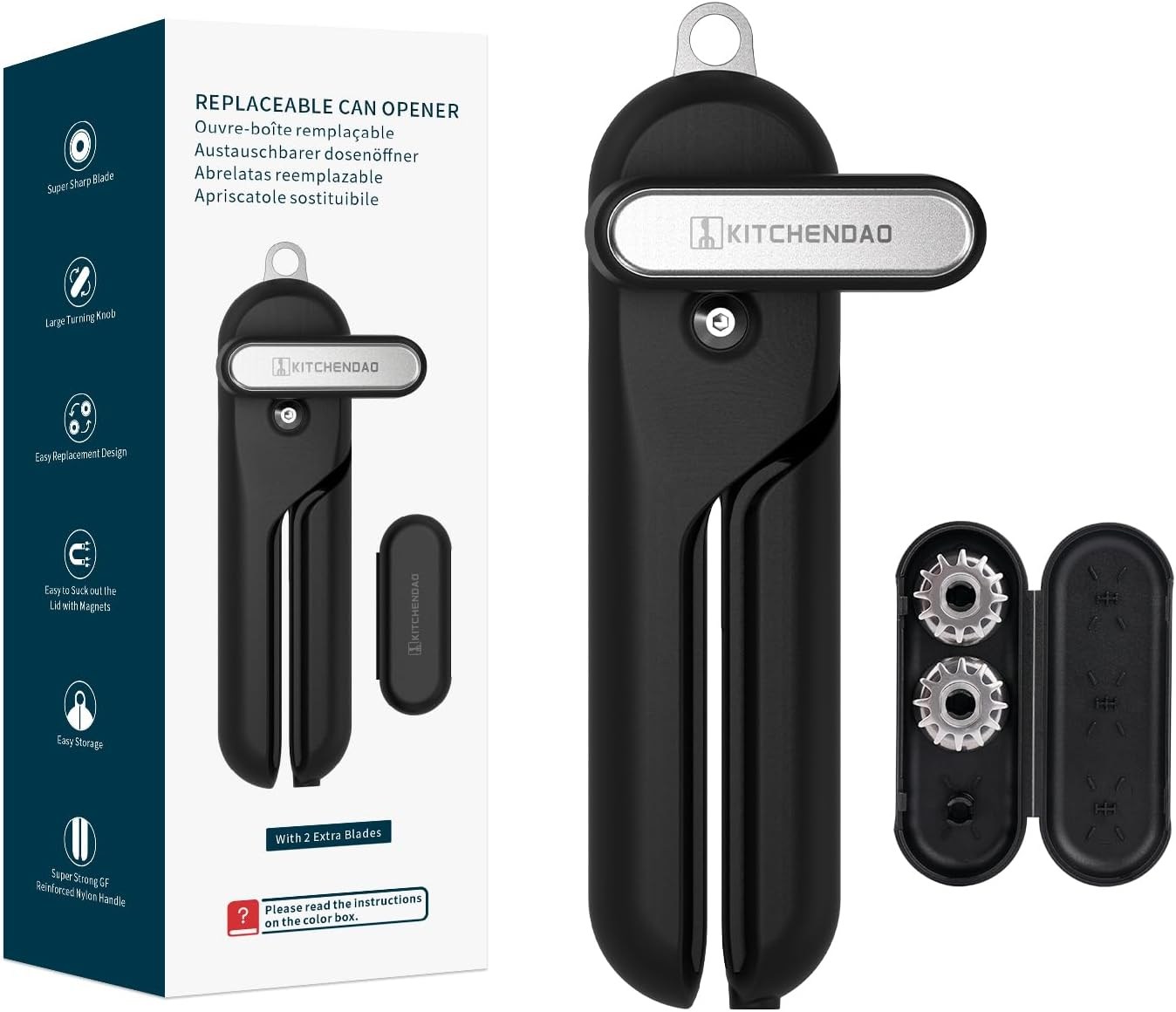 KITCHENDAO Replaceable Can Opener with 2 Extra Blades, Super Sharp Manual Can Opener with Magnet, Smooth Edge Cut Handheld Tin Opener, Large Turning Knob for Seniors & Arthritis, Black image number 2