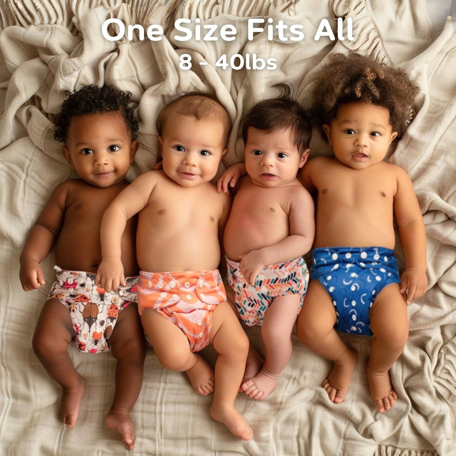 7-Pack Reusable Cloth Diapers with AWJ Interior &ndash; Includes 14 Absorbent Inserts and 1 Wet Bag &ndash; Adjustable, Waterproof, and Washable (Midnight Cozy, Cotton Inserts) image number 4