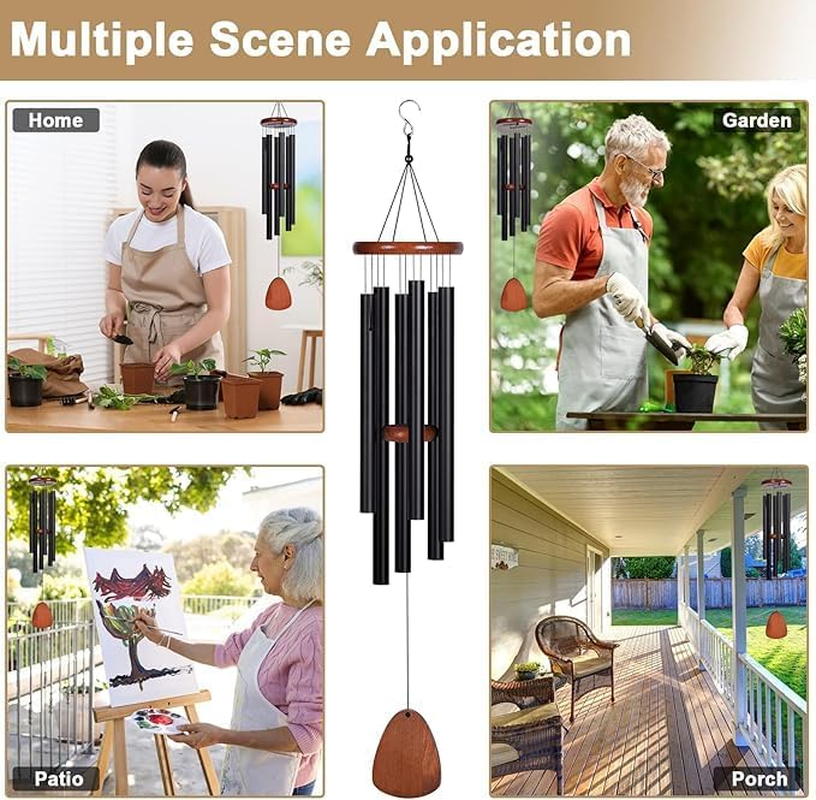 Wind Chimes with 6 Tuned Tubes & Pendant, Large Sympathy Wind-Chime, Classic Memorial Wind Chime for Outdoor Indoor Personalized Decor, Smooth Melodic Wind Chime for Garden Patio Balcony Home (Black) - Silver image number 2