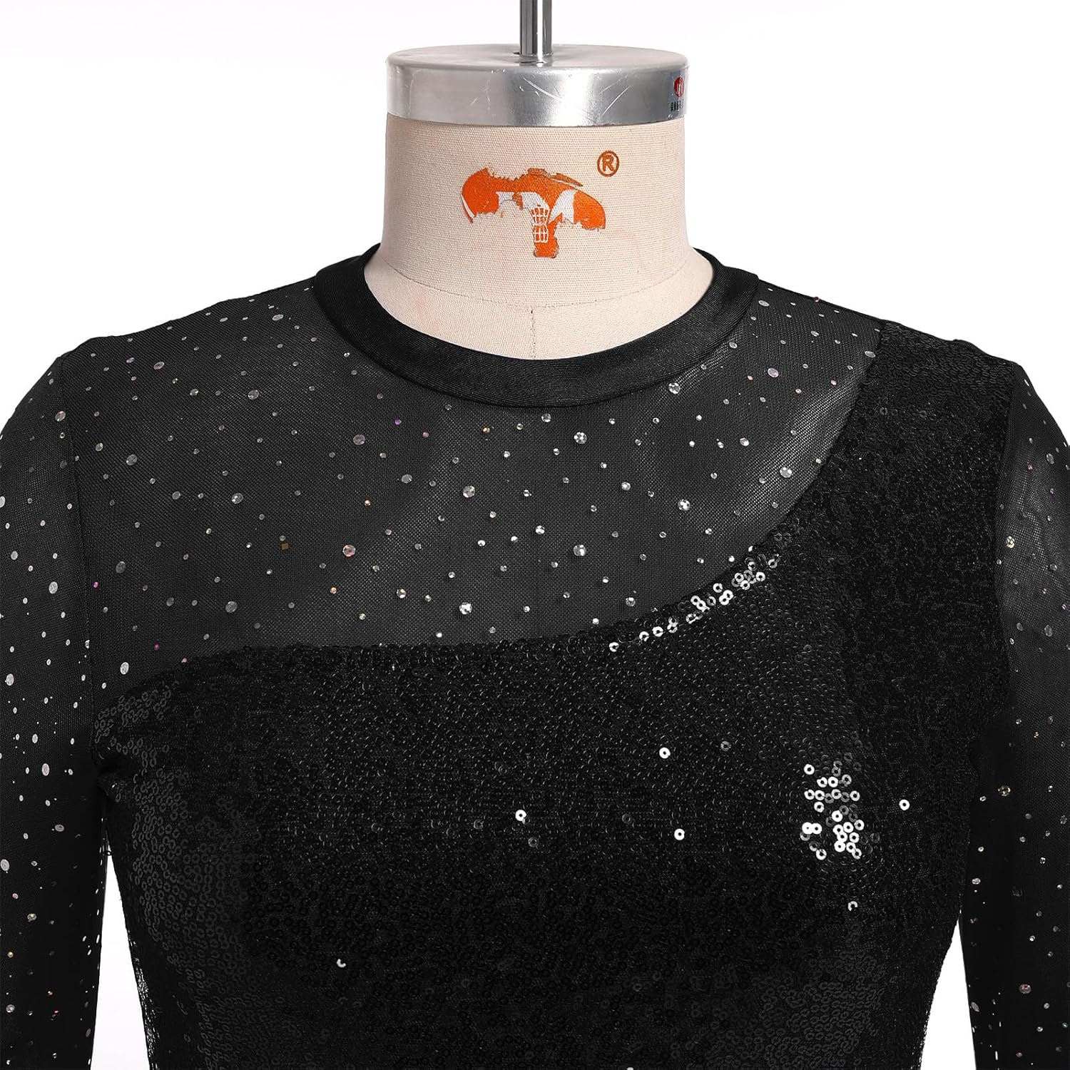 AFAVOM Sequin Figure Skating Dress for Women Long Sleeve Shiny Mesh Rhinestone Ice Skating Dress Ballet Lyrical Dancewear image number 3