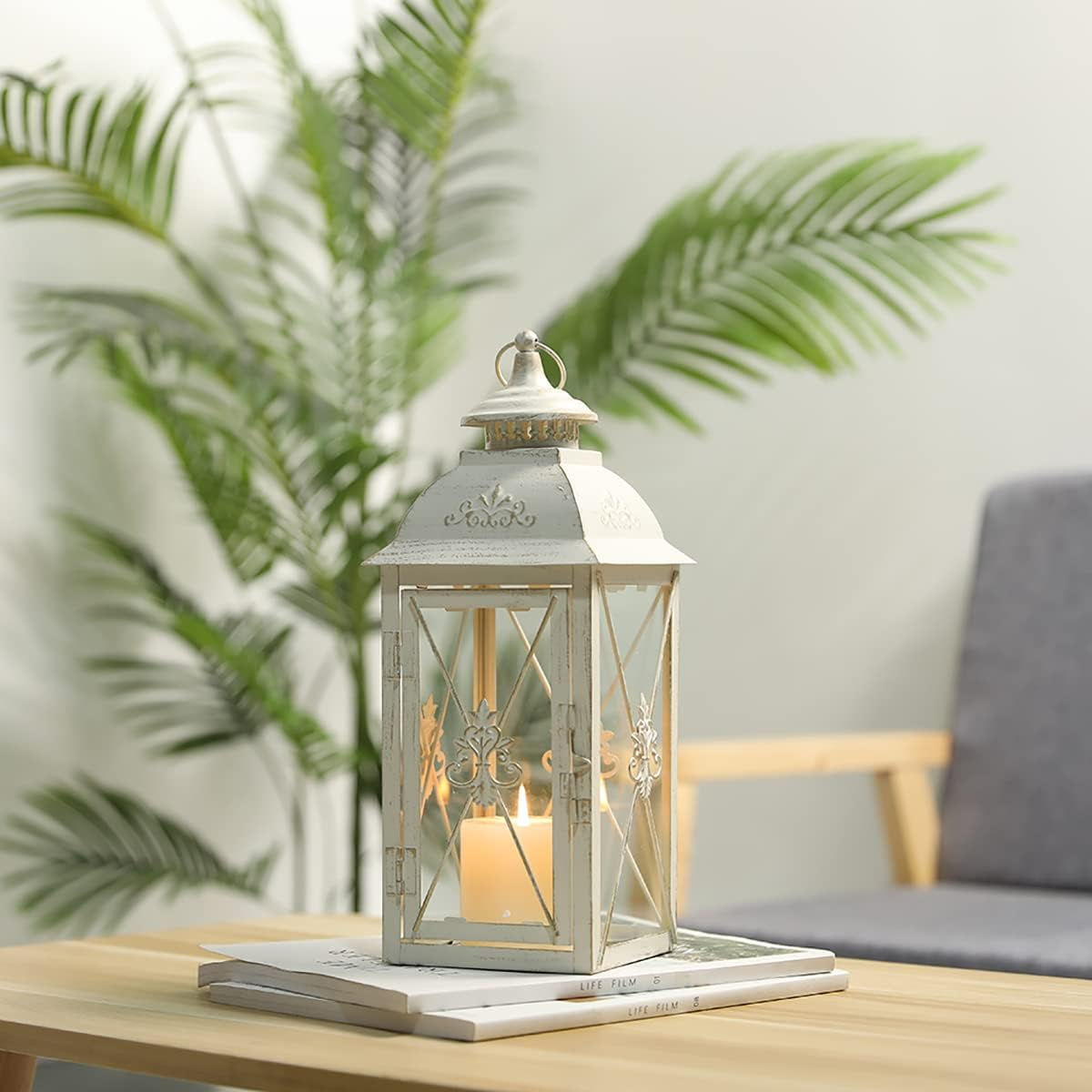 TRIROCKS Vintage Hanging Lantern - 34Cm Decorative Metal & Tempered Glass Candle Holder - Ideal for Indoor/Outdoor Events, Patio, Garden, Parties - Elegant Design with White & Gold Brush Finish image number 6
