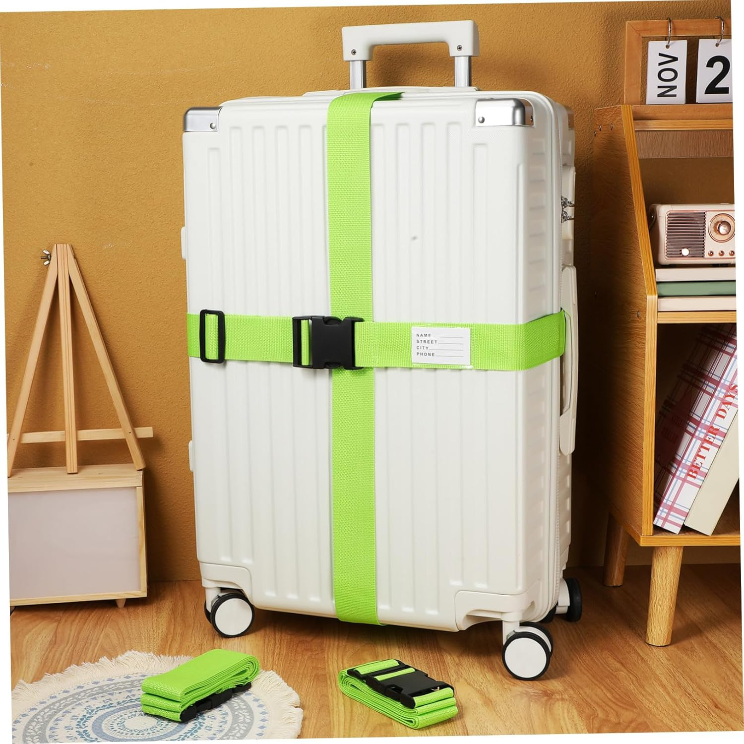 Veemoon 4Pcs Fluorescent Green Suitcase Straps Adjustable Luggage Belts with Polypropylene Fiber for Secure Travel Luggage Reinforcement and Easy Identification image number 2