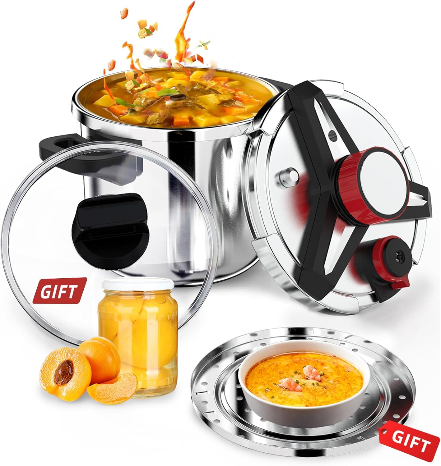 3-In-1 304 Stainless Steel Pressure Cooker 6 Liter: [Explosion-Proof] [3 PSI Settings], One-Hand Locking, Induction Compatible, Glass Lid & Steamer Rack Included, Olla De Presion, Meat、Soup (6L) image number 5