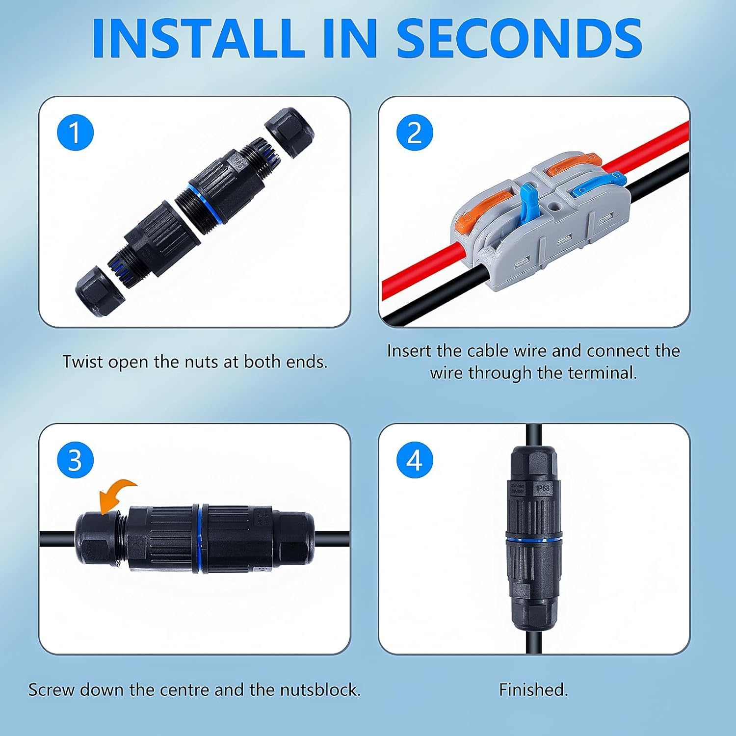 5PCS IP68 Waterproof Electrical Cable Connector, Outdoor 2 Way Junction Box, Waterproof Wire Connectors with Replaceable Lever Wire Connectors for AWG 28-12, Quick Screwless Installation image number 1