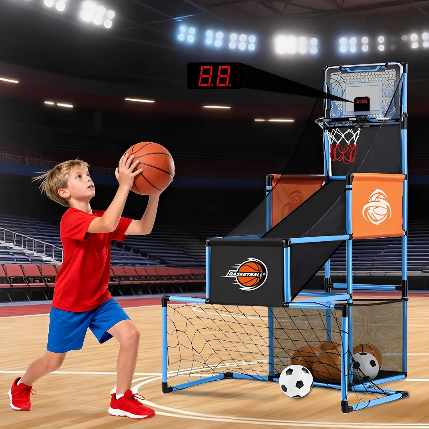 2 in 1 Basketball Arcade Game & Soccer Goal for Kids, Adjustable Kid Basketball Hoop with 6 Balls and Pump, Indoor Outdoor Games for Kid Toys for 3-12 Year Old Kids Birthday Gifts for Boys Girls image number 2
