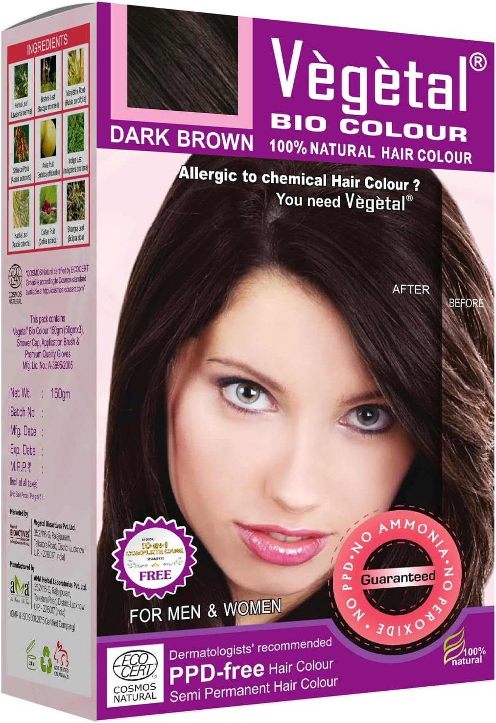 Vegetal Bio Hair Colour - Dark Brown 150G Achieve Natural, Ammonia-Free Hair Color Ppd-Free, 100% Herbal Certified Organic for Men and Women UV Protection and Luster Maintenance Complete Kit image number 5