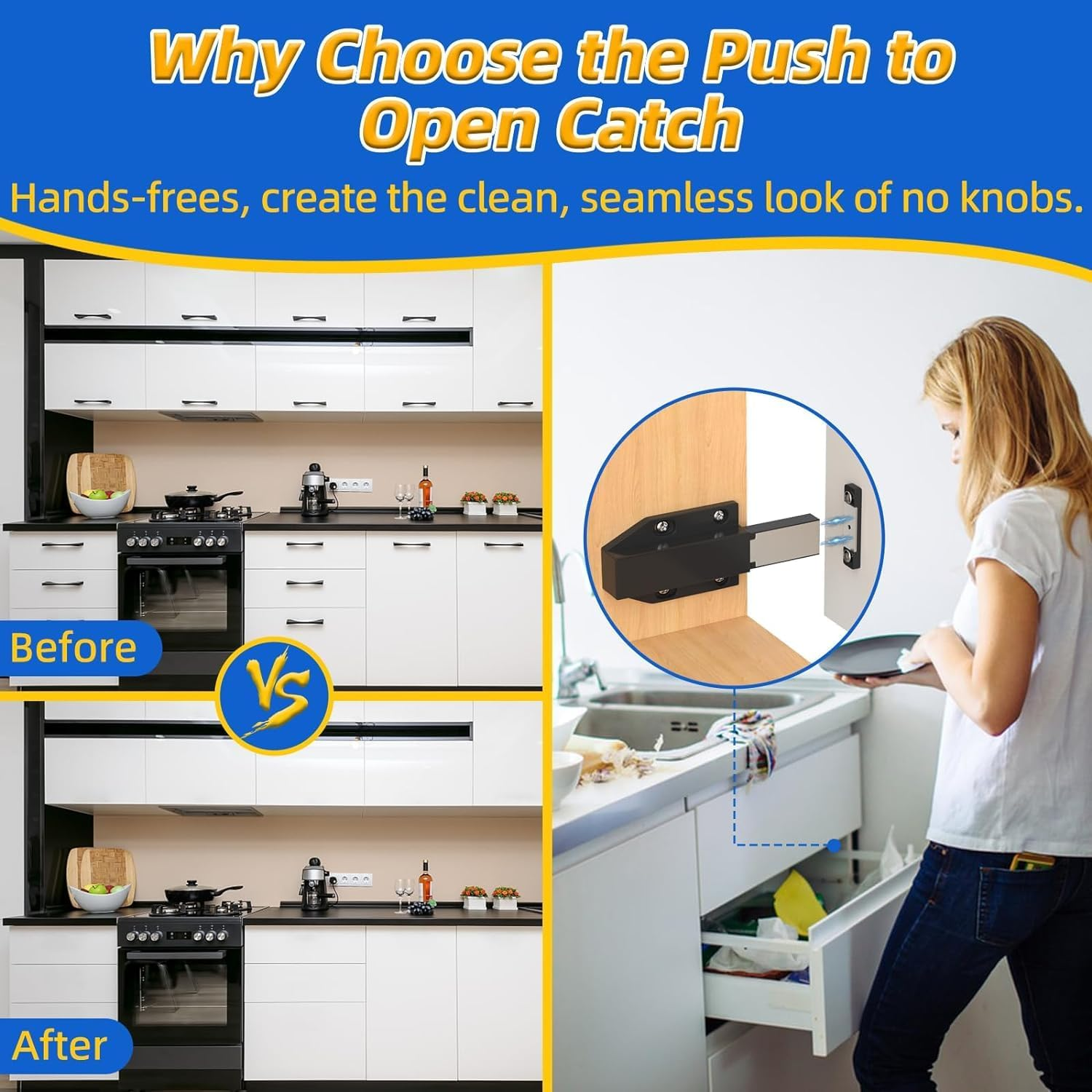 4Pcs Magnetic Push Latch, Push to Open Cabinet Catch Hardware for Large Doors Cabinet Cupboard Drawer Pop Out Latch, Push Latch Cabinet Catch for Doors Drawers Cupboard(Black) image number 3