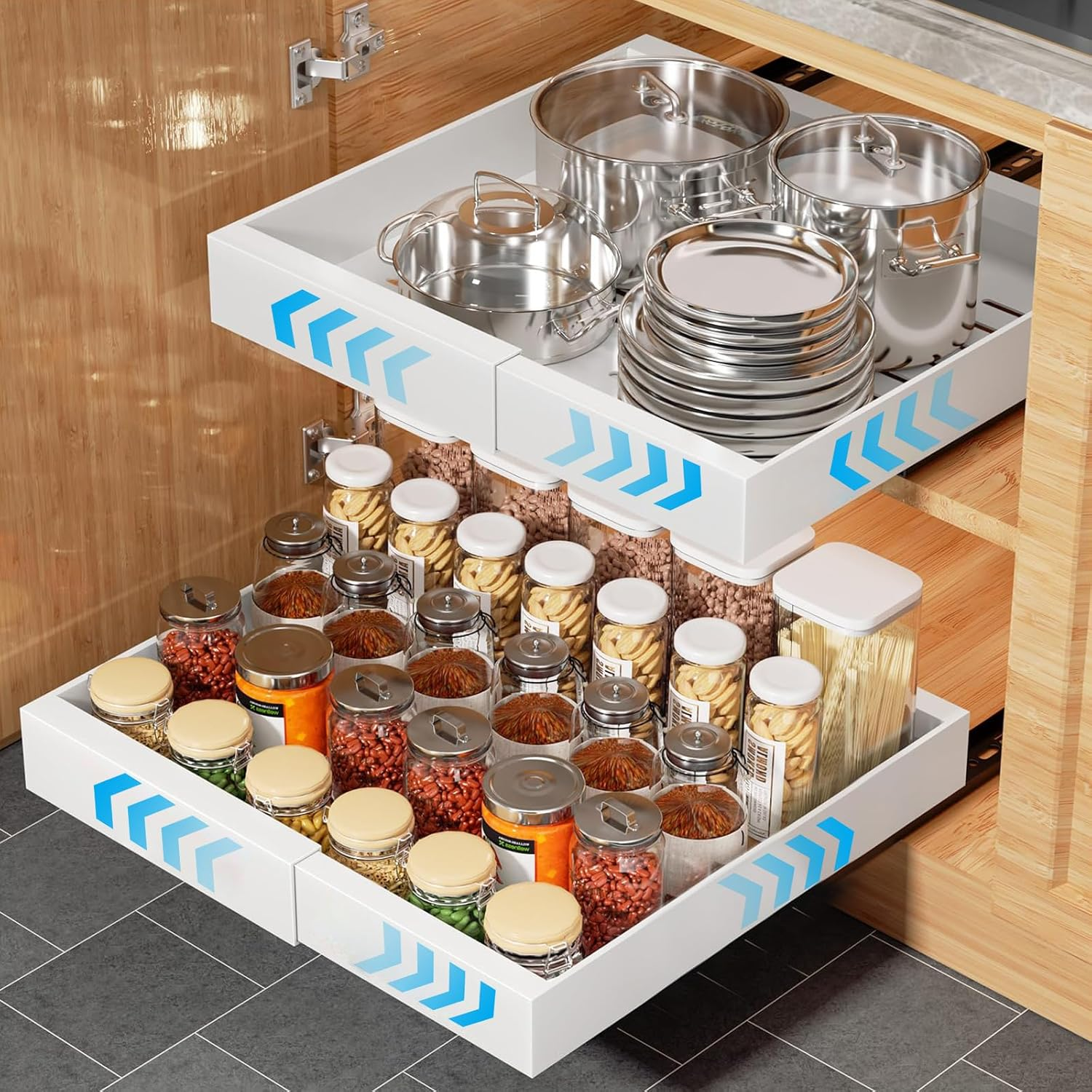 2 Pack Pull Out Drawers for Cabinets,Expandable(31 to 52Cm W) Pull Out Cabinet Organizer with Adhesive Film,Pull-Out Shelf for Kitchen Cabinet,Pantry, Bathroom Storage-42Cm Deep