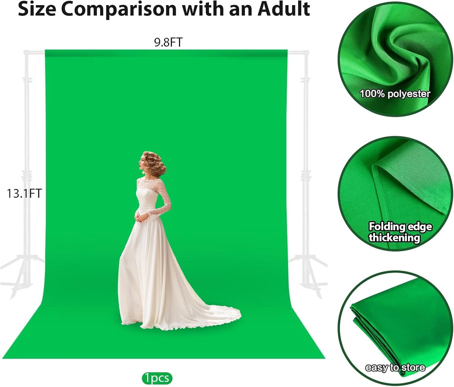 9.8 X 13.1 FT Green Screen Backdrop for Photography, Heavy Duty Backdrop Clamp Kit, Large Green Screen Pure Polyester Collapsible Green Fabric for Photoshoot, Game Live Steaming, Video Conference image number 3