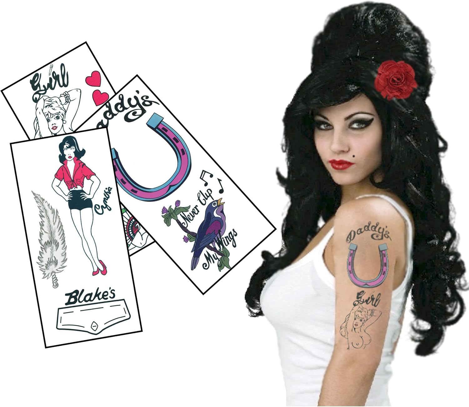 Amy Inspired Temporary Tattoos &ndash; Realistic Rehab Tattoo Sheet for Halloween, Fancy Dress & Festivals &ndash; Skin Safe Fake Tattoos for Adults image number 1