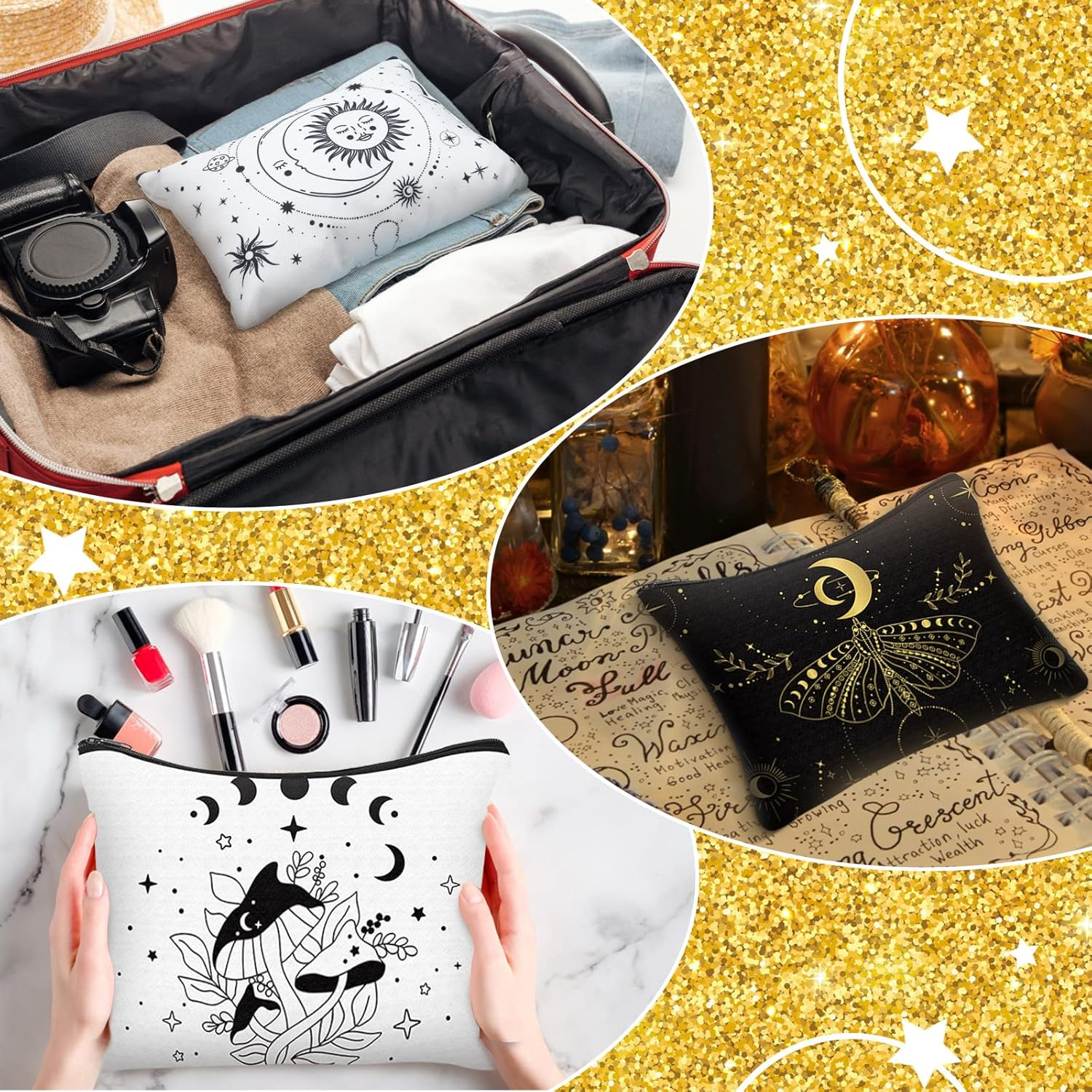 Amylove 12 Pieces Moon Zipper Pouch Bag Witch Tarot Cards Phase Bag Crystals Cosmetic Witchy Purse Toiletry Aesthetic Gothic Makeup Pouch for Women Girls, White and Black image number 5