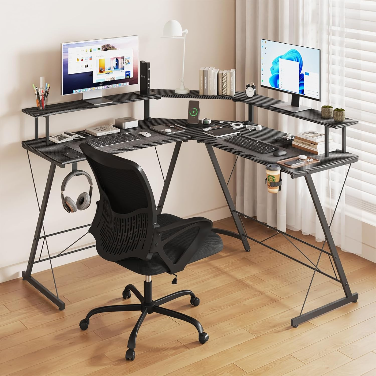 Advwin L Shaped Gaming Desk with LED Lights & Power Outlets Computer Corner Desk with Monitor Stand Gaming Table with Hook White