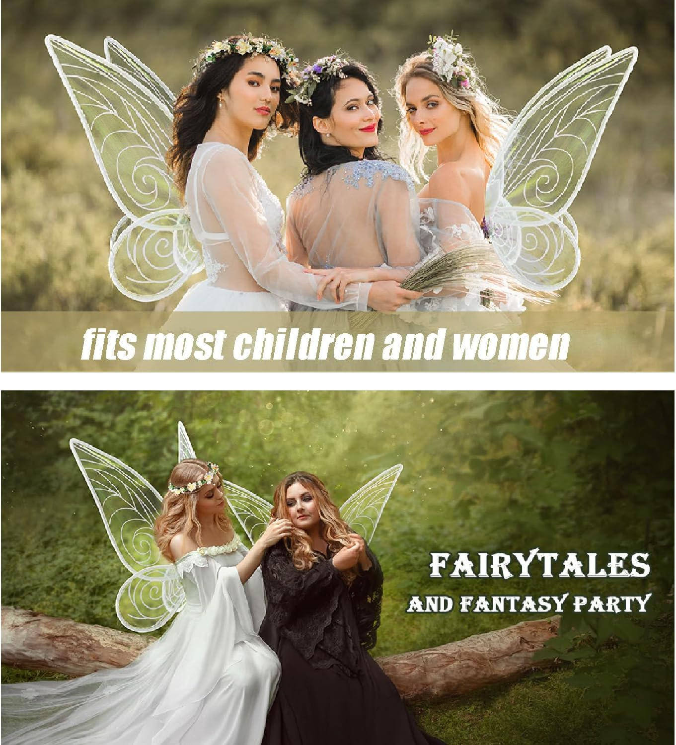 Wzenclave Fairy Wings with Star Wand Shiny Transparent Princess Wings Colorful Butterfly Wings Angel Elf Wings Stage Children'S Festival Party Performance Women Halloween Dress up Party (White)