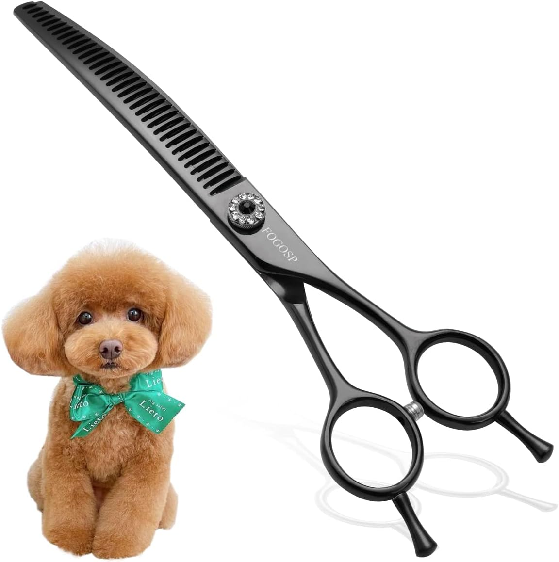 FOGOSP Curved Thinning Shears 7'' Chunker Shears Japan 440C Stainless Steel Professional Dog Scissors for Grooming Small Medium Pet 75% Thinning Rate(Black)