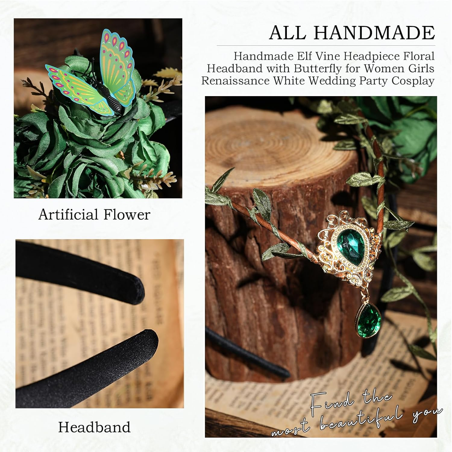 MOSTORY Green Fairy Blossom Headdress Elf Crown Floral Forest Headband with Butterfly Fairy Costume for Women Renaissance Renfaire Halloween Cosplay Fantasy Accessories image number 4