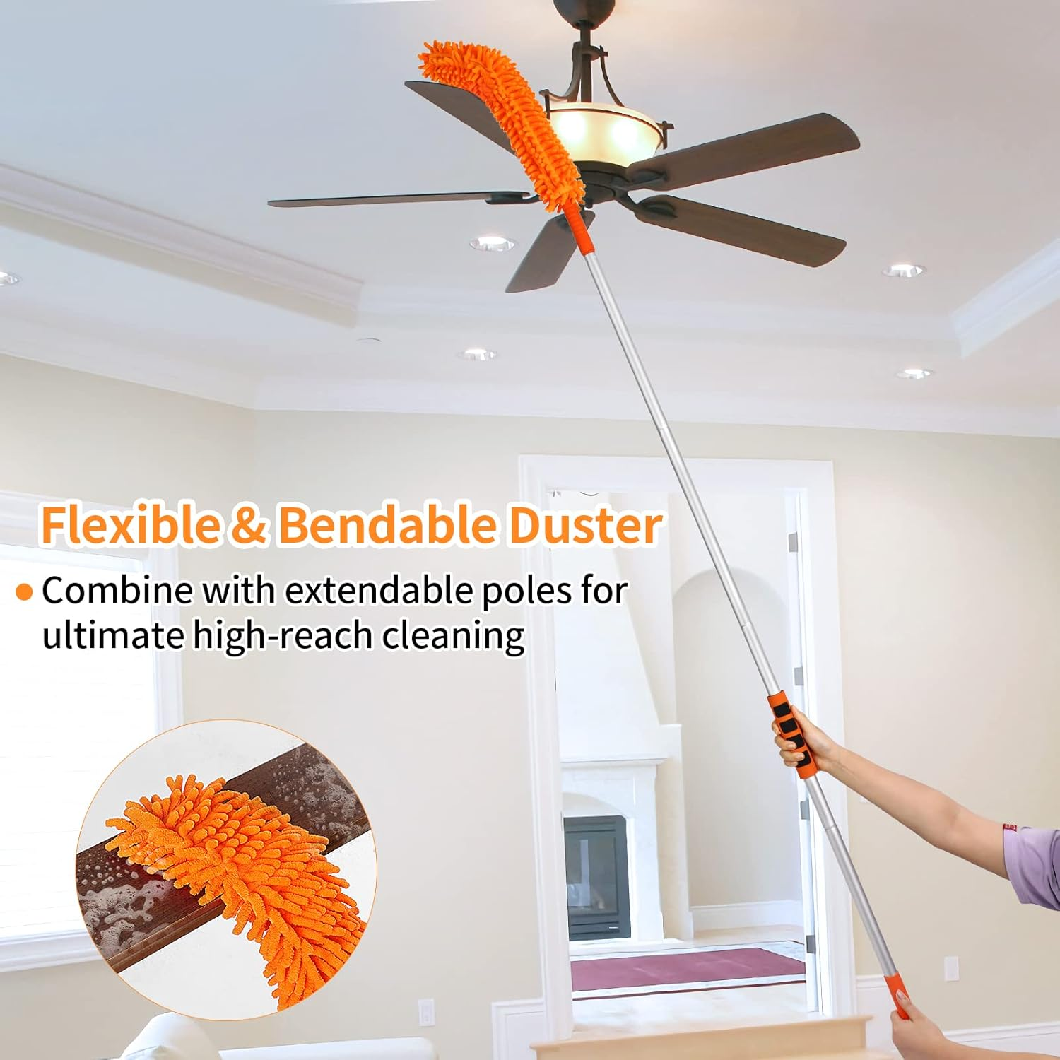 Wontolf 62'' Car Wash Brush with Long Handle Chenille Microfiber Car Wash Mop Car Washing Brush Cleaning Kit Windshield Window Squeegee Car Duster Microfiber Towels for Cars RV Truck Boat 9PCS - Orange image number 5