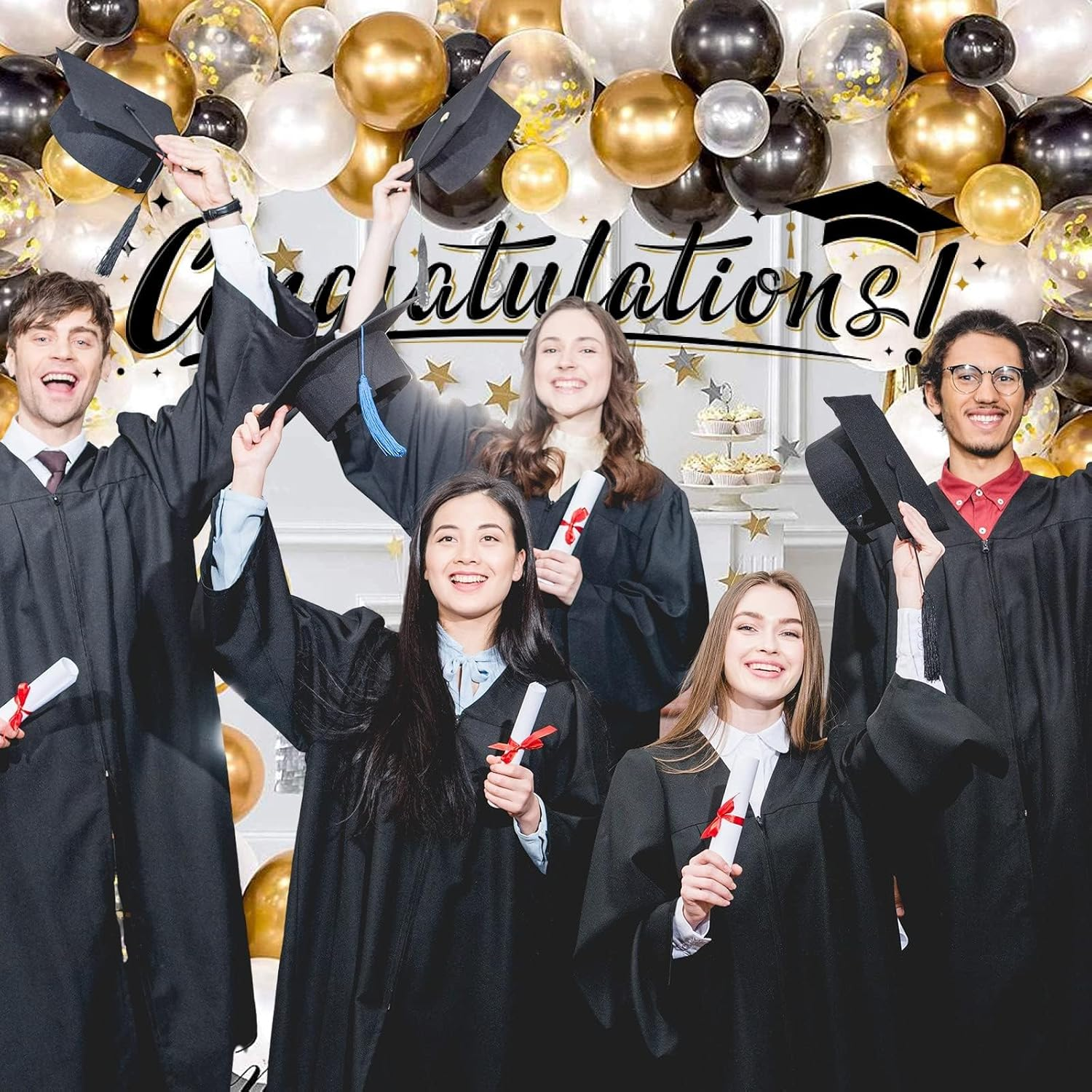 62Pcs Black Gold Balloon Kit,12Inch Black Gold White Party Balloon Set with Metallic Gold Black Confetti Balloon for Birthday Party,Graduation,Wedding,Baby Shower,New Year Decoration,Eid Mubarak Decor image number 4