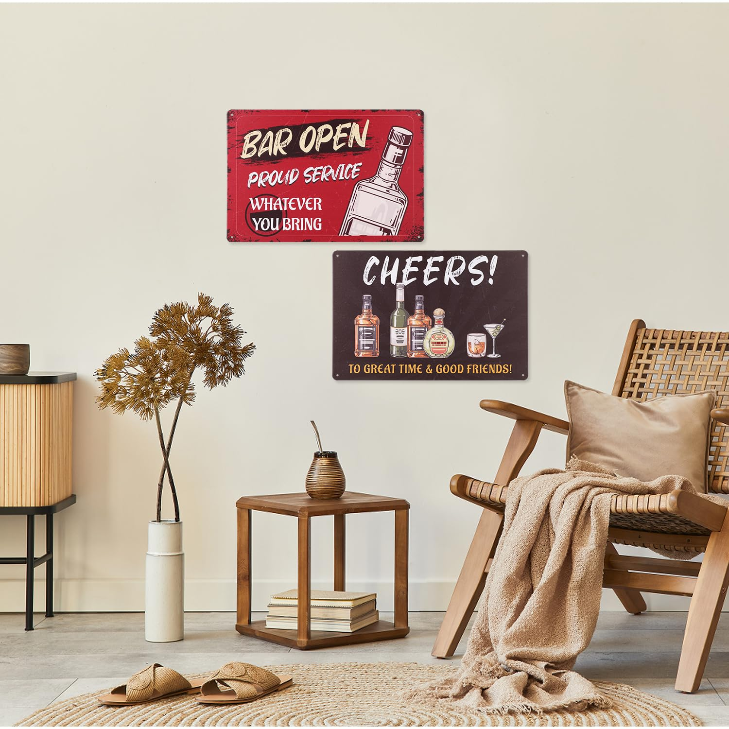 NQEUEPN 2Pcs Bar Signs, 8X12In Bar Open Sign & Cheers Sign Cheers to Good Time & Good Friends Metal Home Bar Decor Vintage Pub Decorations Funny Gifts for Home Retro Bar Shop Cave Wall
