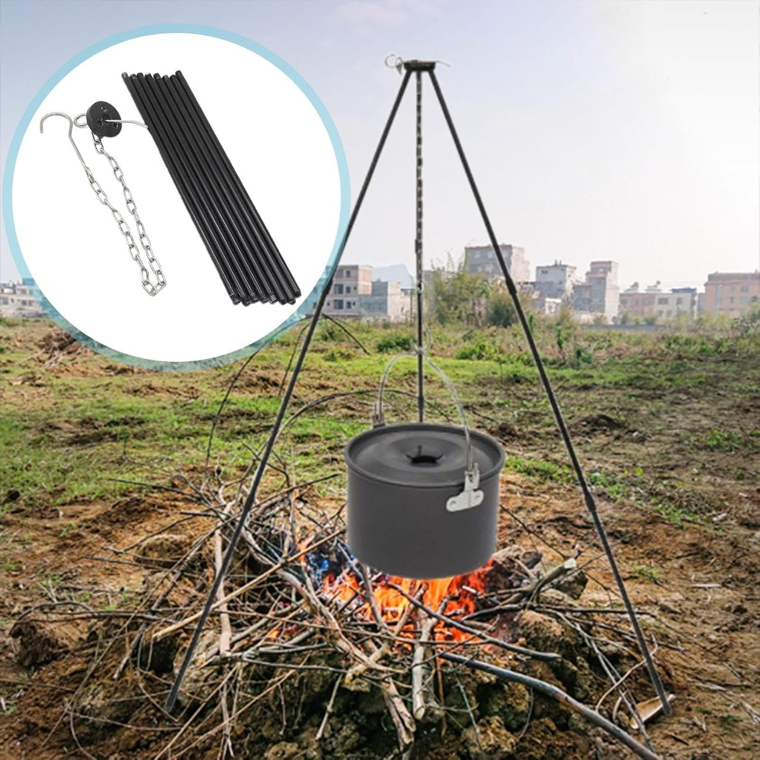 Perfk Camping Tripod Campfire Cooking Accessories Camping Equipment Campfire Tripod with Hanging Chain for Picnic Hiking Garden BBQ