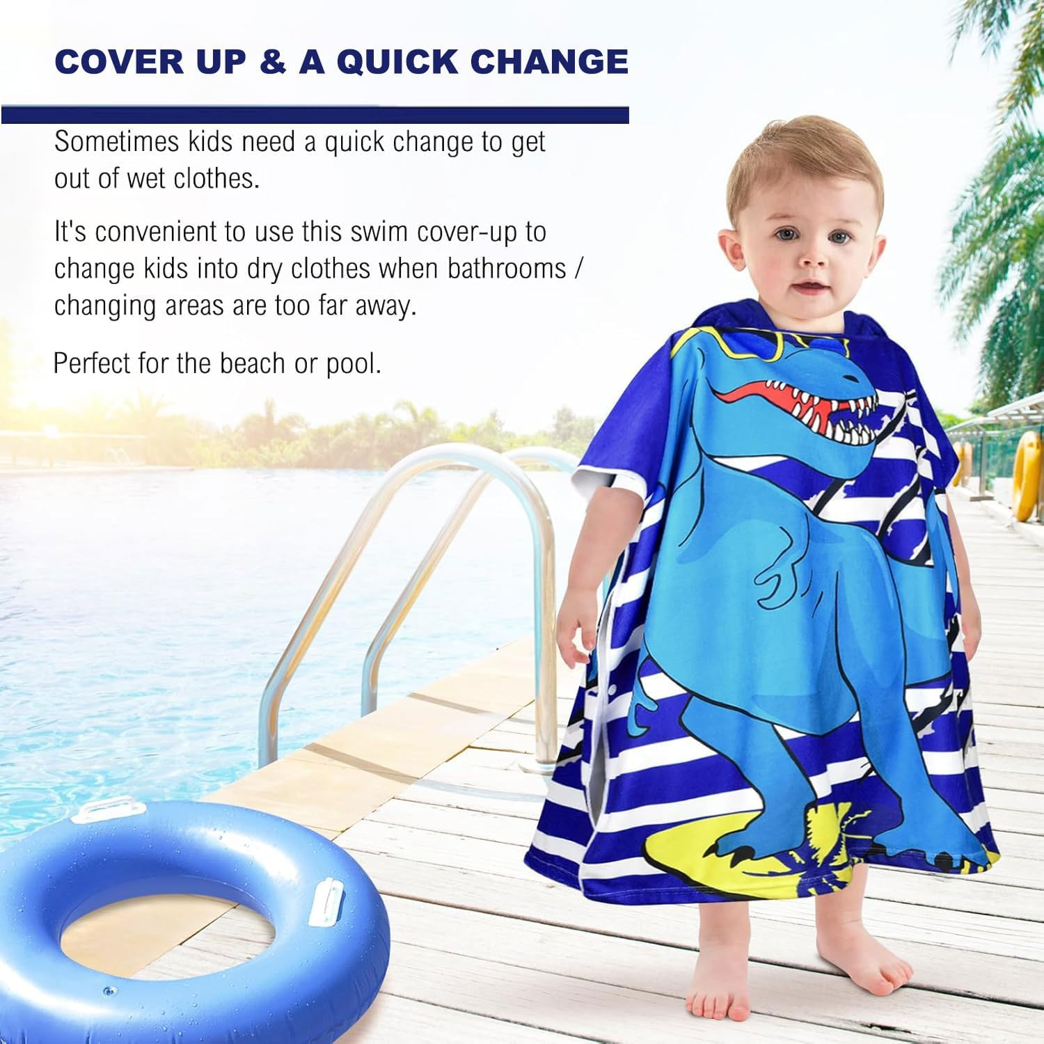 Kids Hooded Poncho Towels, Soft Microfiber Swim Cover-Ups for 4 to 15 Years Old, Hooded Kids Beach Towels, Swimming Pool Changing Robe Bathrobe Bath Towel, Kid Hoodeds Bath Towel (Blue Dinosaur) image number 1