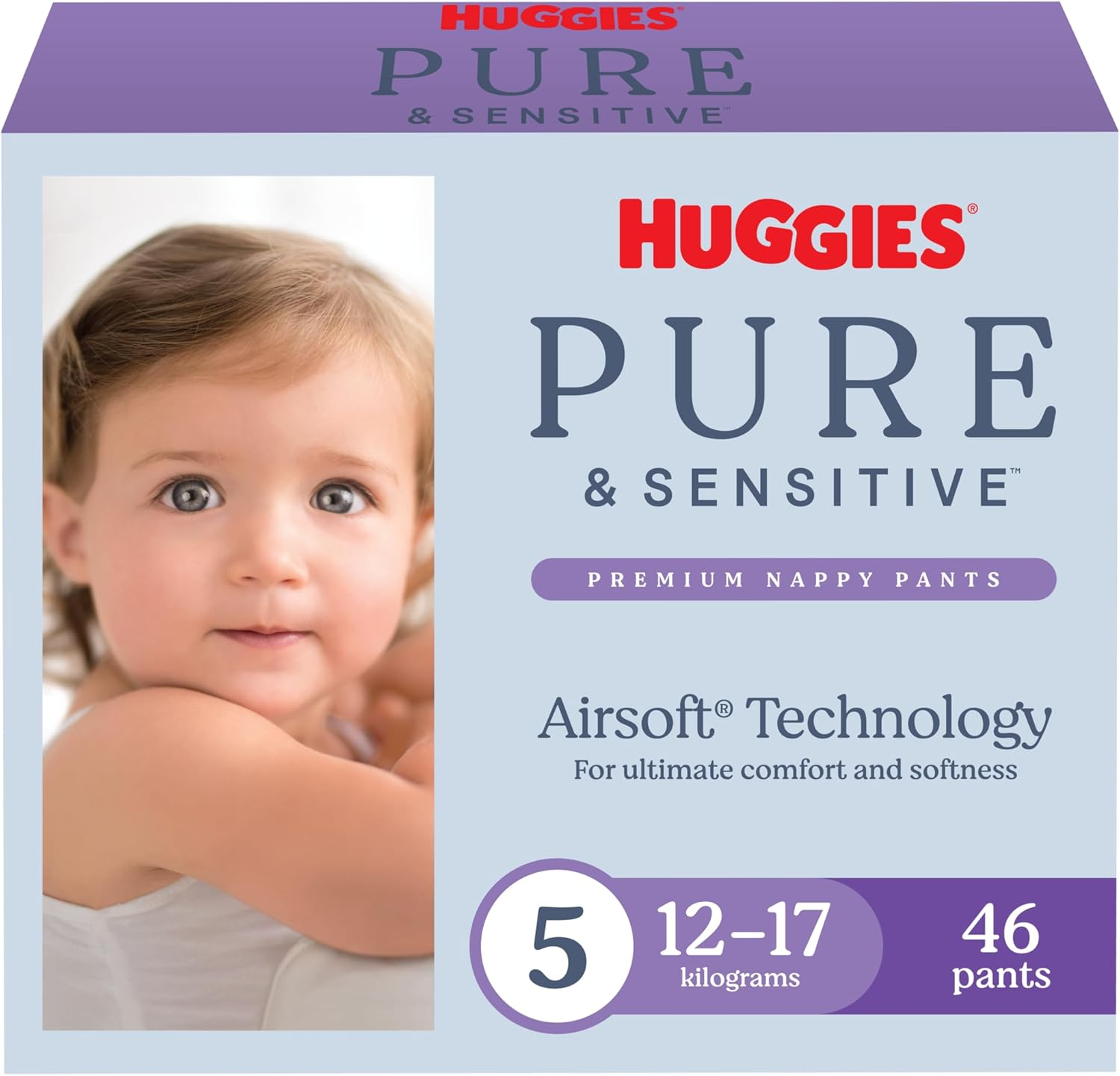Huggies Pure & Sensitive Nappy Pants Size 5 (12-17 Kg) 46 Count - Packaging May Vary