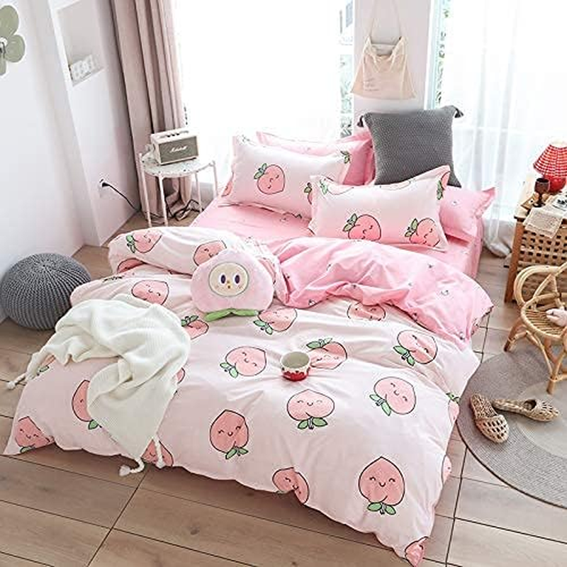 Erosebridal Cartoon Duvet Cover Set Full Pink Peach Bedding Kid Kawaii Girl Lovely Comforter Cute Fruits Quilt Tropical Plant Reversible Soft Bedspread Room Decor image number 5