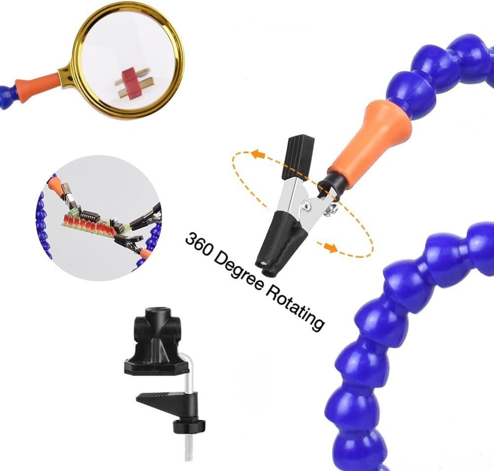 Solder Helping Hands with Magnifying Glass Station Soldering Third Hand Tool 5Pcs of Flexible Arms Clamp Swivel Holder image number 5